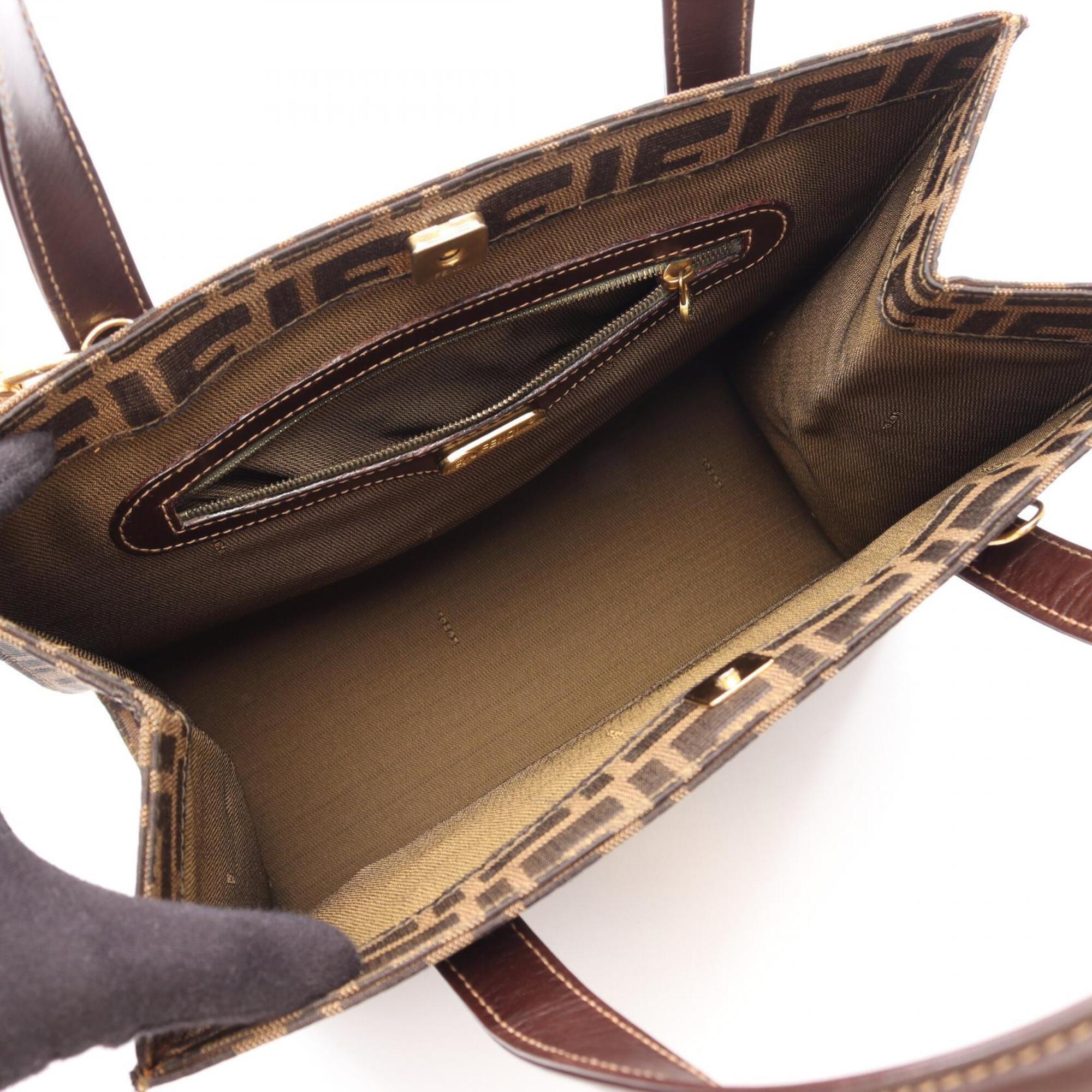Fendi Black Brown Canvas Leather Handbag Tote Bag (Pre-Owned)