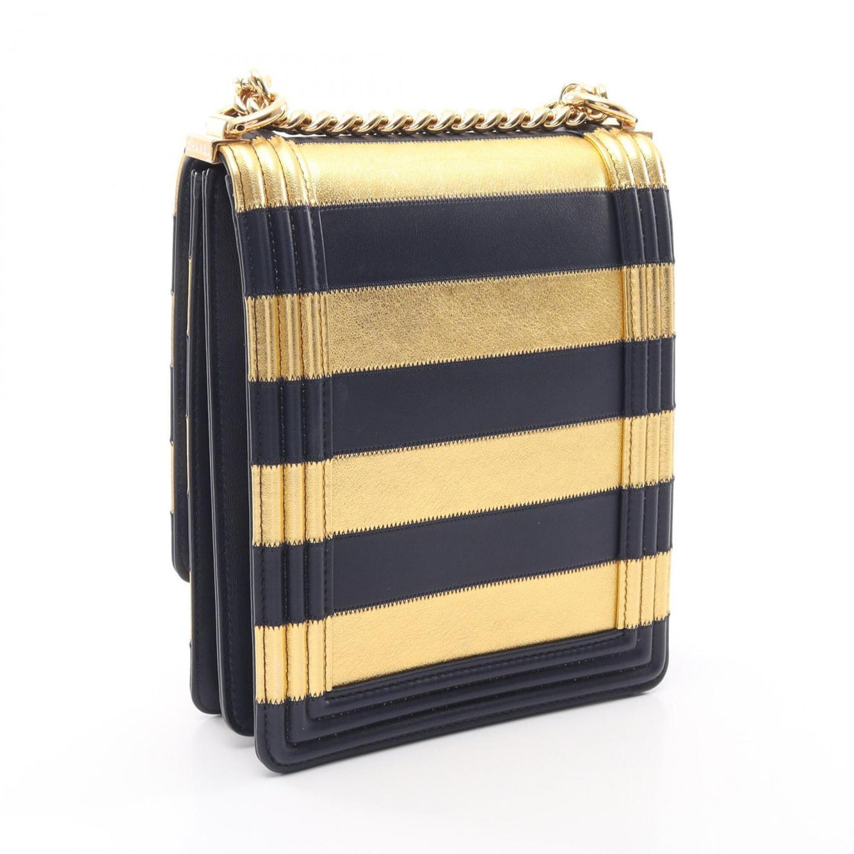 Chanel Gold Navy Leather Handbag Shoulder Bag (Pre-Owned)