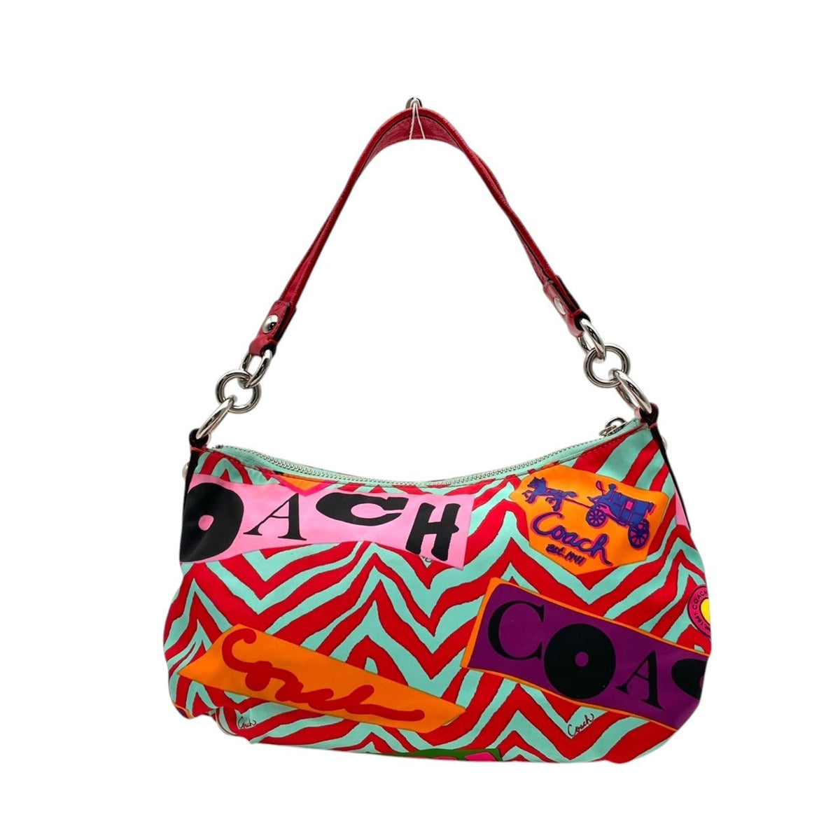 Coach Multi-Color Red Color Nylon Leather Shoulder Bag (Pre-Owned)