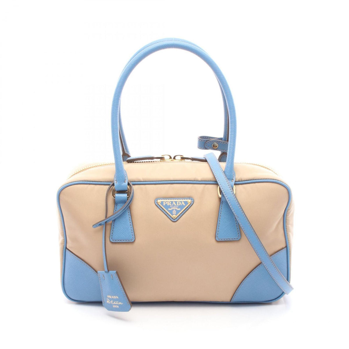 Prada Beige Blue Nylon Saffiano Triangle Handbag (Pre-Owned)