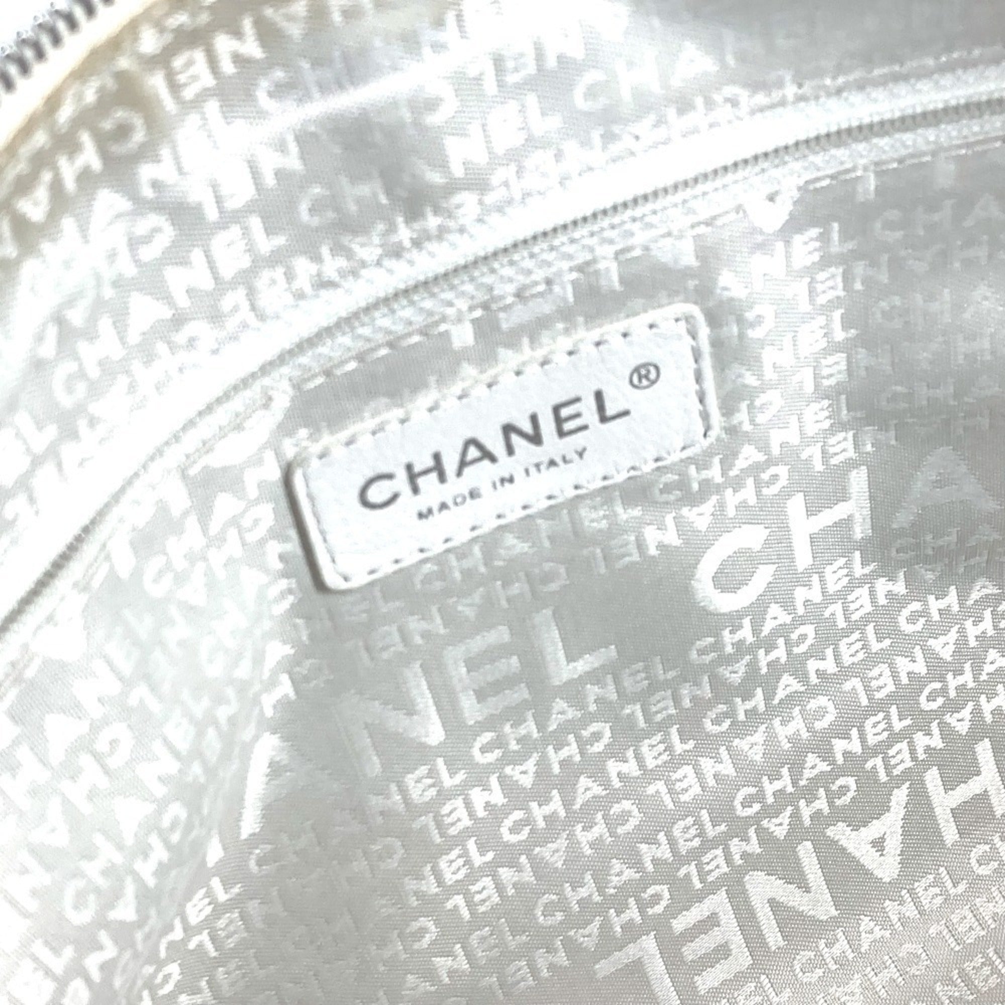 Chanel Beige White Leather Canvas Handbag Shoulder Bag Tote Bag (Pre-Owned)