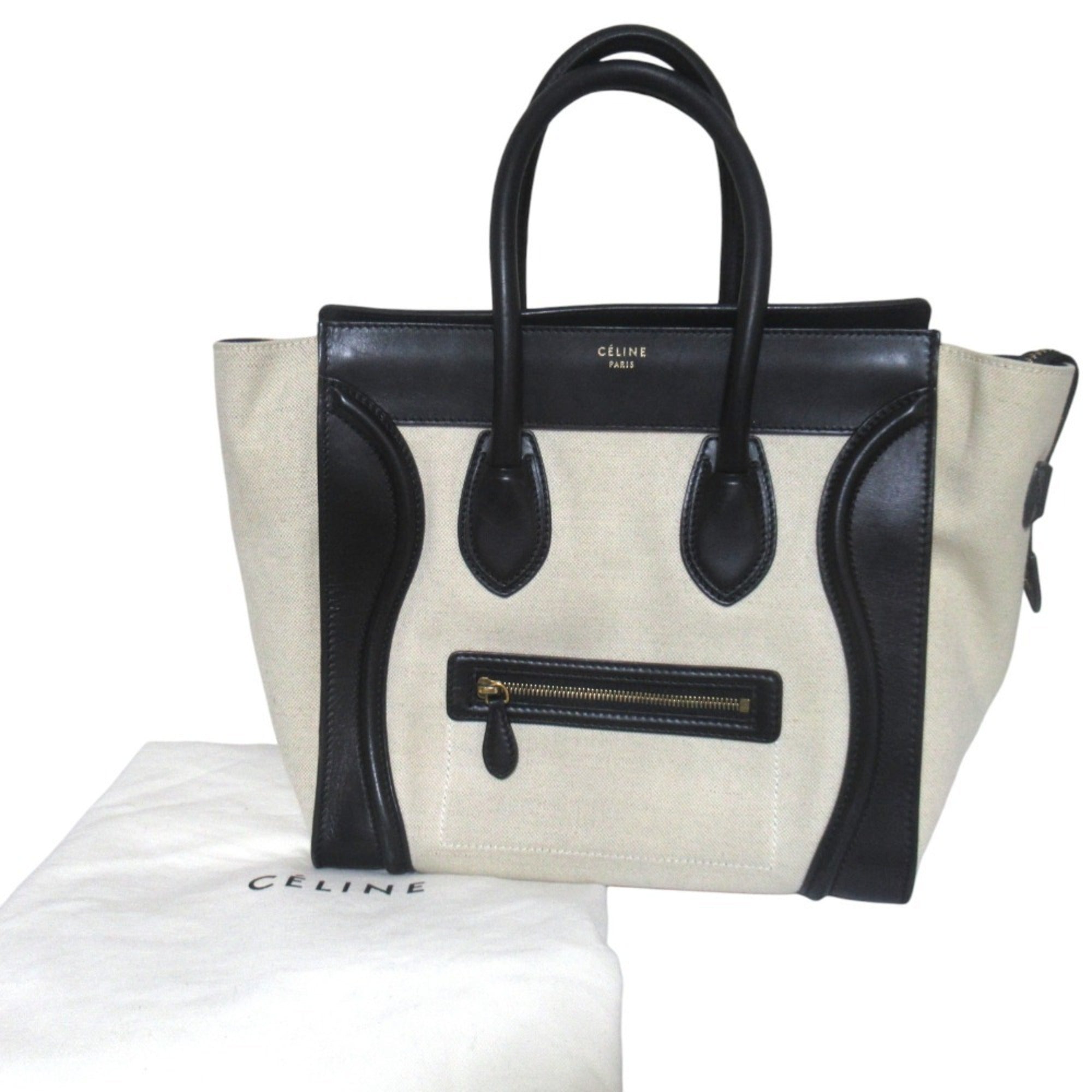 Celine Luggage Black Light Beige Canvas Leather Tote Bag (Pre-Owned)