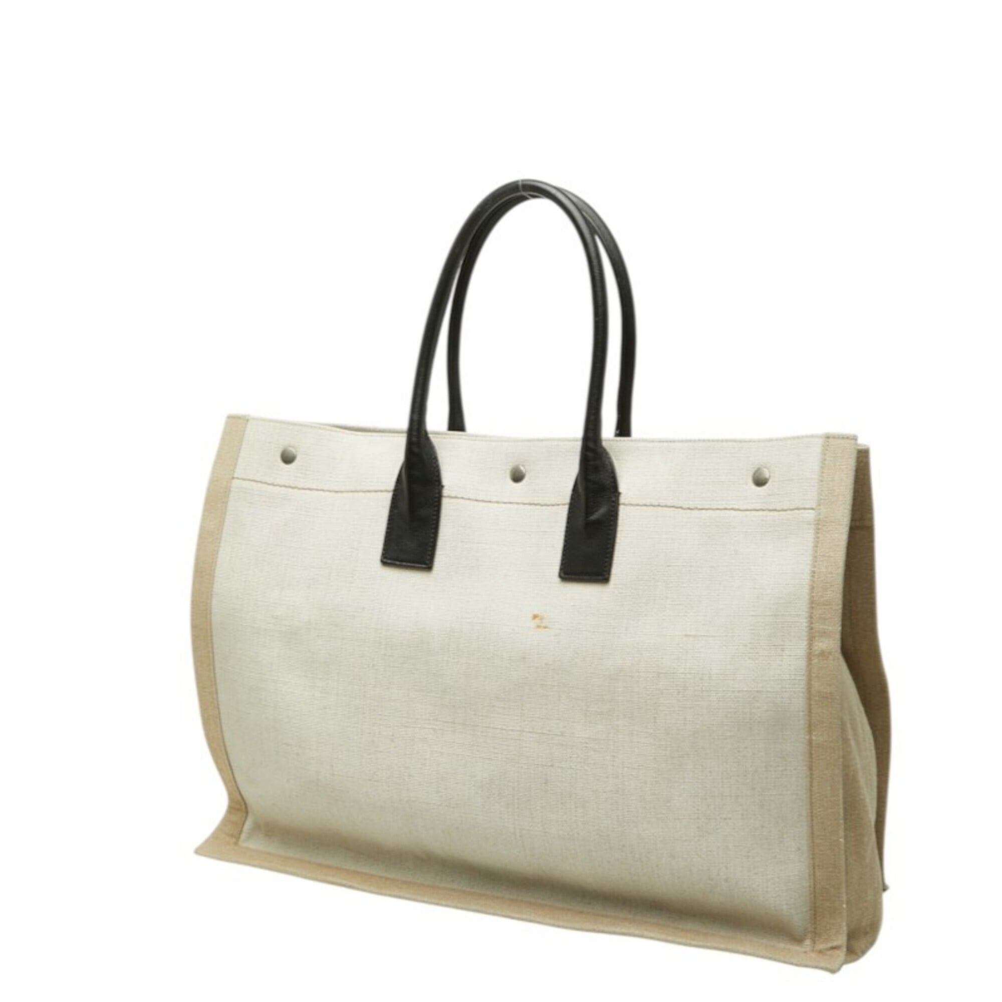 Saint Laurent Beige White Canvas Hemp Linen Leather Handbag Tote Bag (Pre-Owned)