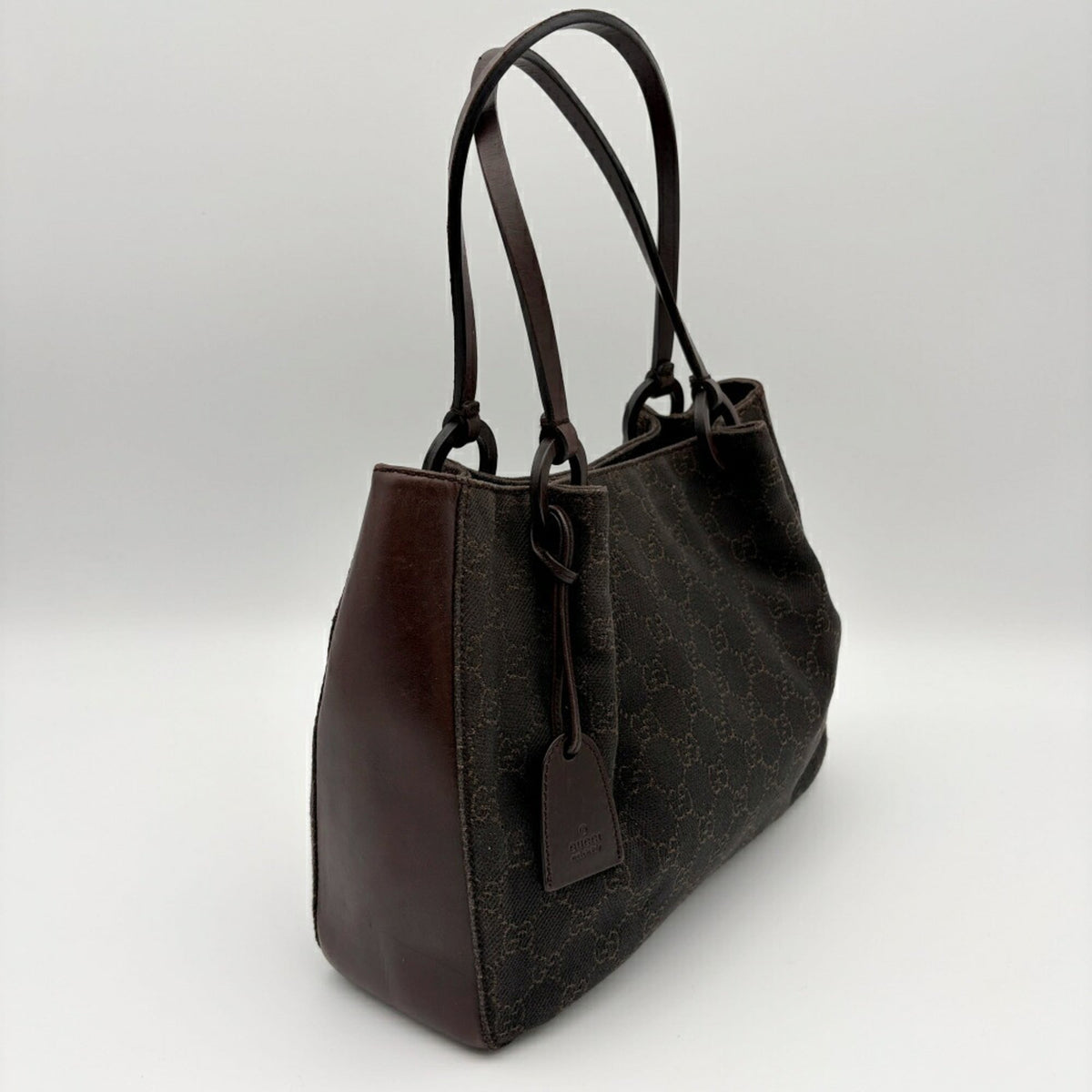 Gucci Dark Brown Gg Canvas Leather Tote Bag (Pre-Owned)