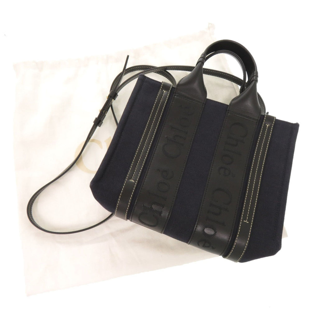 Chloé Black Navy Leather Linen Canvas Handbag Shoulder Bag Tote Bag (Pre-Owned)