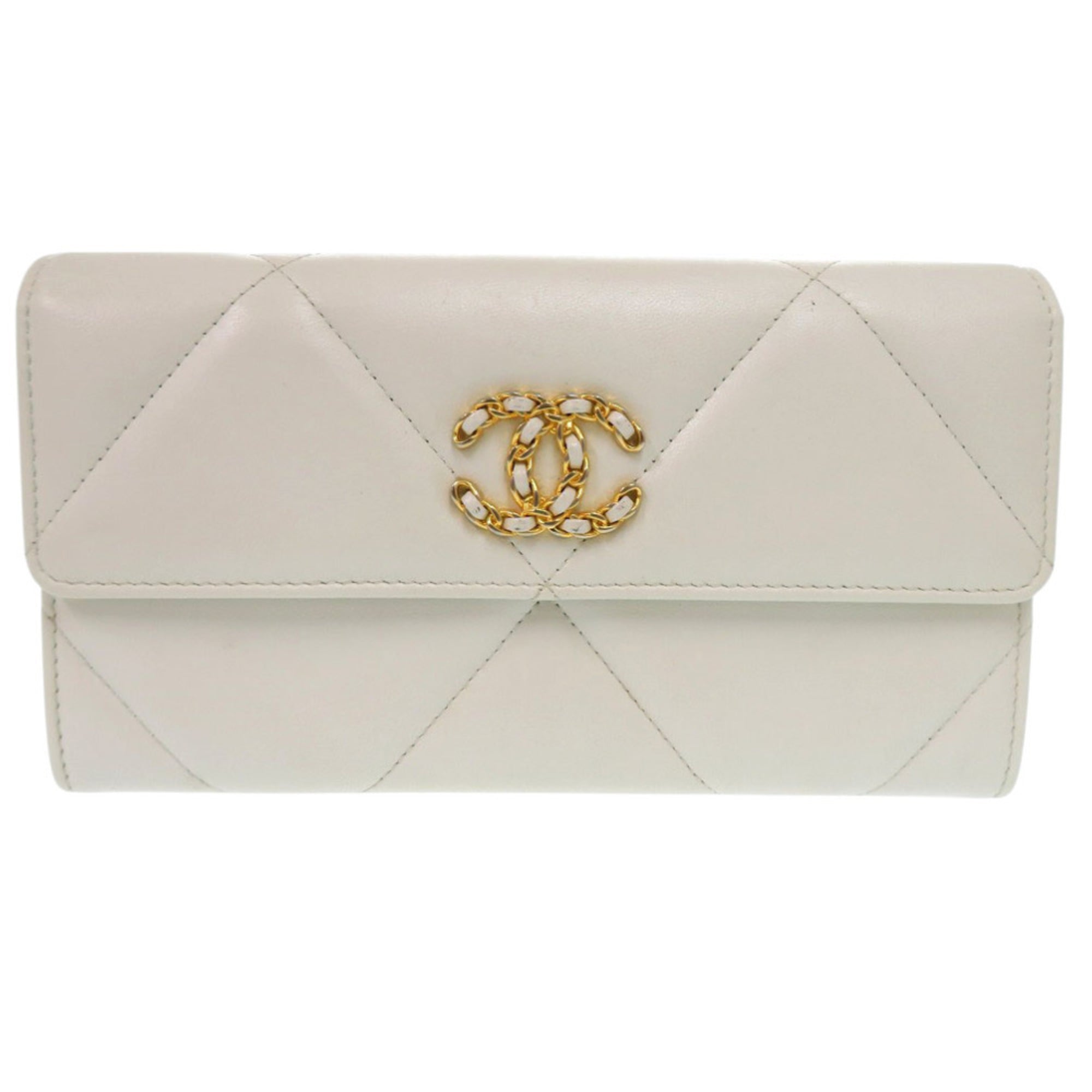 Chanel White Leather Long Wallet (Tri-Fold) (Pre-Owned)