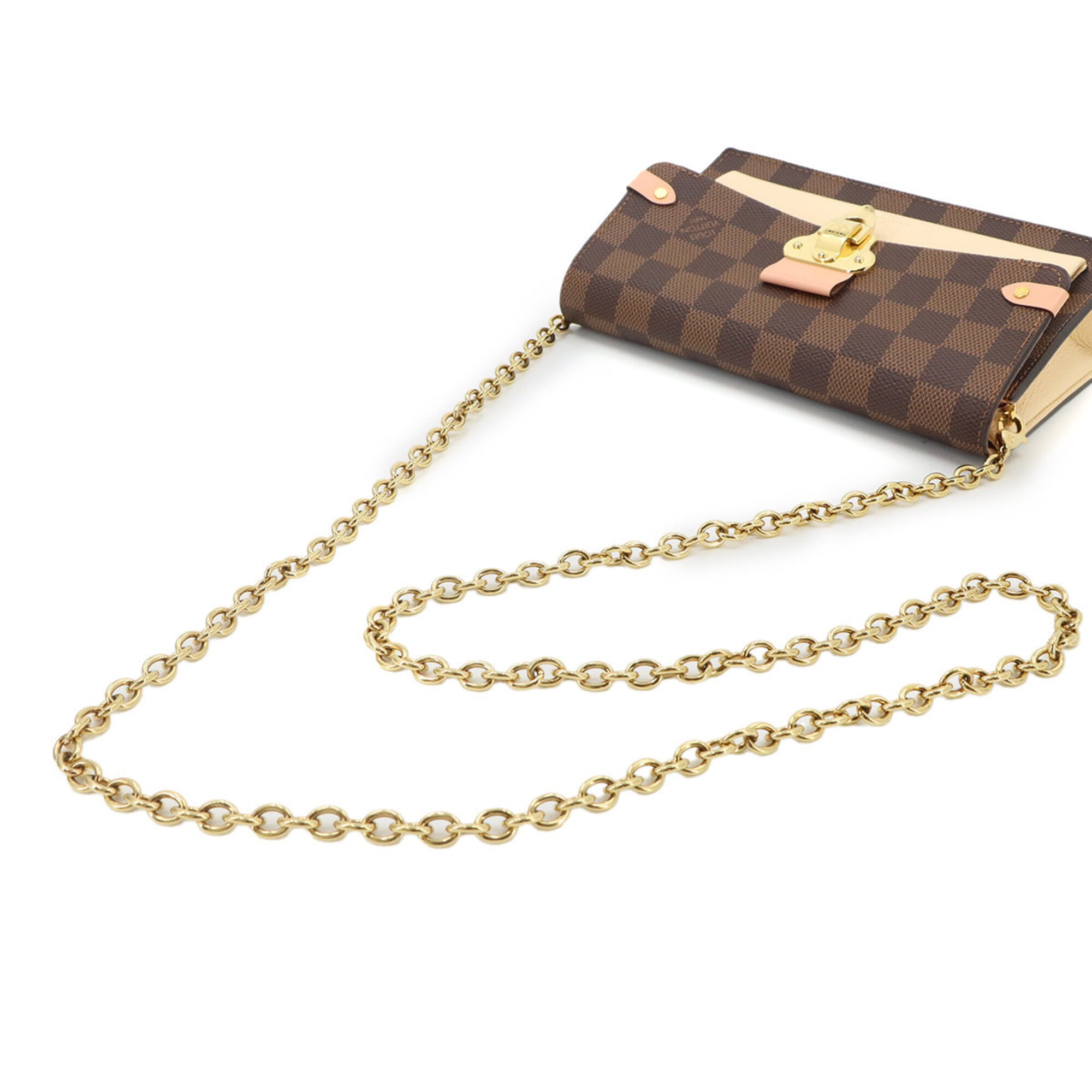 Louis Vuitton Damier Ebene Ivory Pink Damier Canvas Leather Chain/Shoulder Wallet (Pre-Owned)