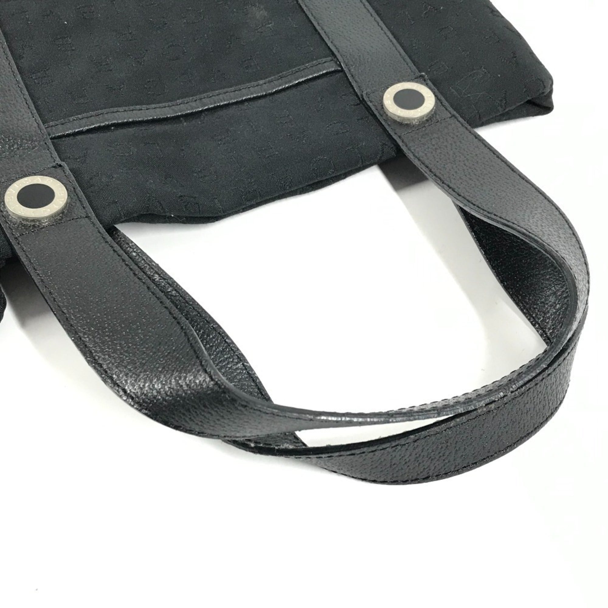 Bvlgari Logomania Black Leather Canvas Handbag Tote Bag (Pre-Owned)
