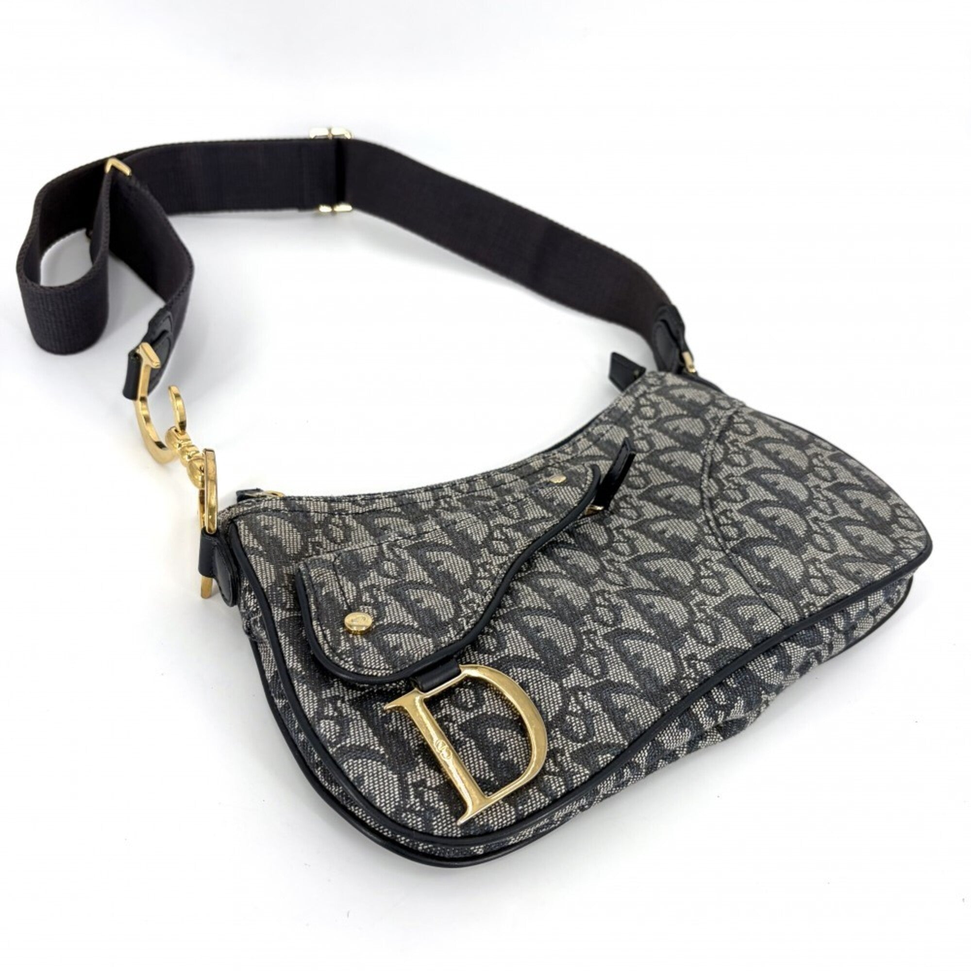 Christian Dior Navy Canvas Leather Saddle Bag Shoulder Bag (Pre-Owned)