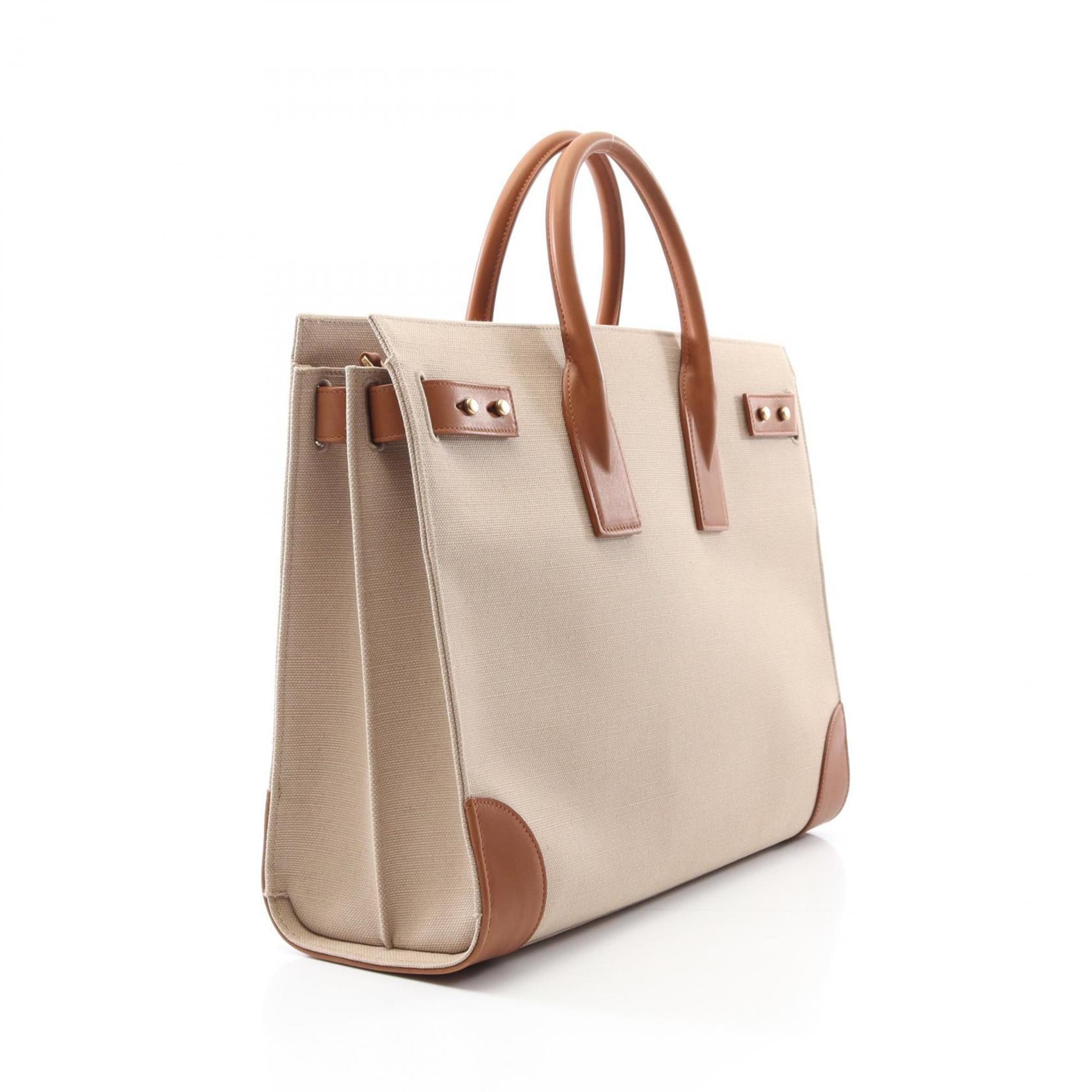Saint Laurent Beige Brown Canvas Leather Tote Bag (Pre-Owned)