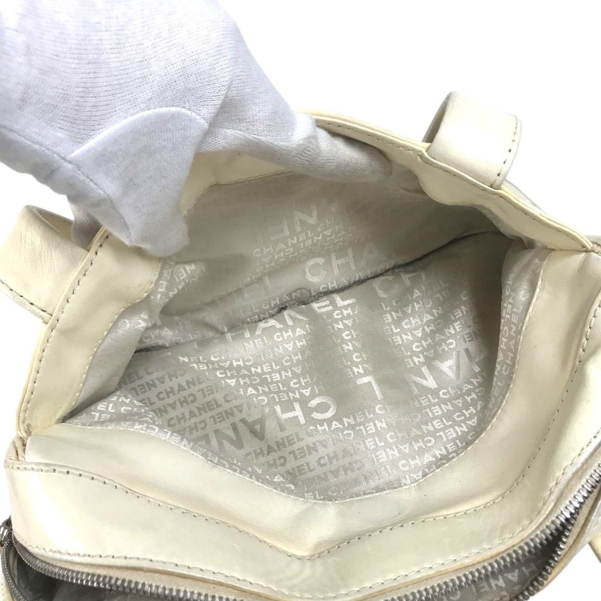 Chanel Beige Ivory Leather Canvas Handbag Shoulder Bag (Pre-Owned)