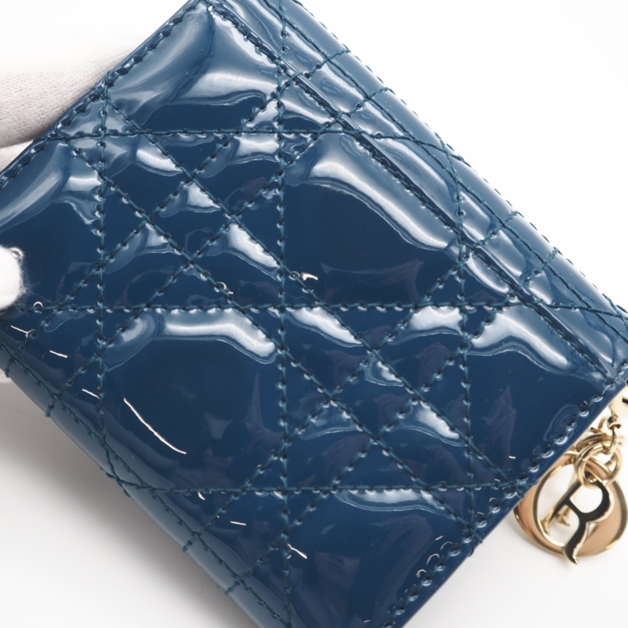 Christian Dior Lady Dior Blue Patent Leather Wallet (Tri-Fold) (Pre-Owned)