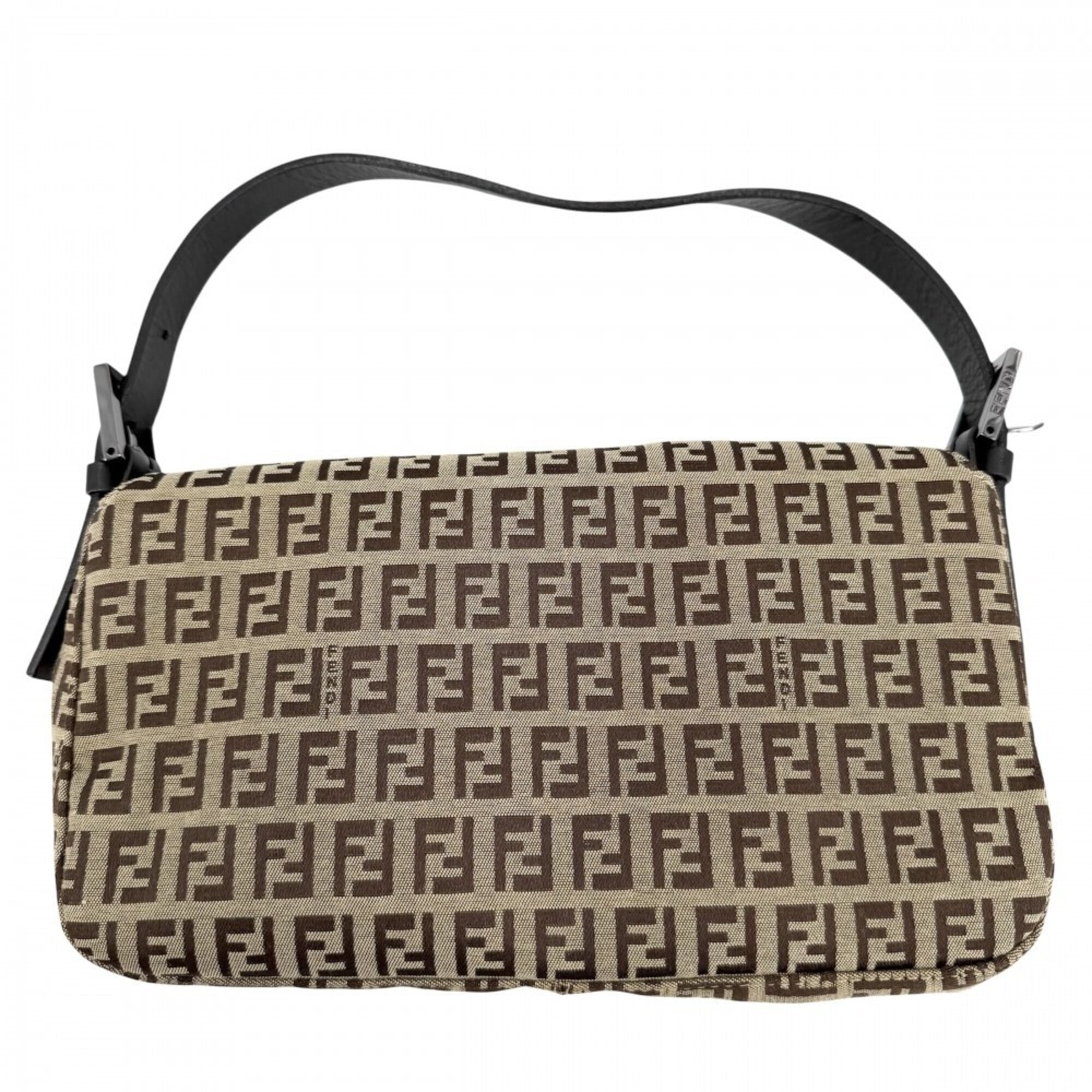 Fendi Beige Brown Gunmetal White Leather Canvas Handbag (Pre-Owned)