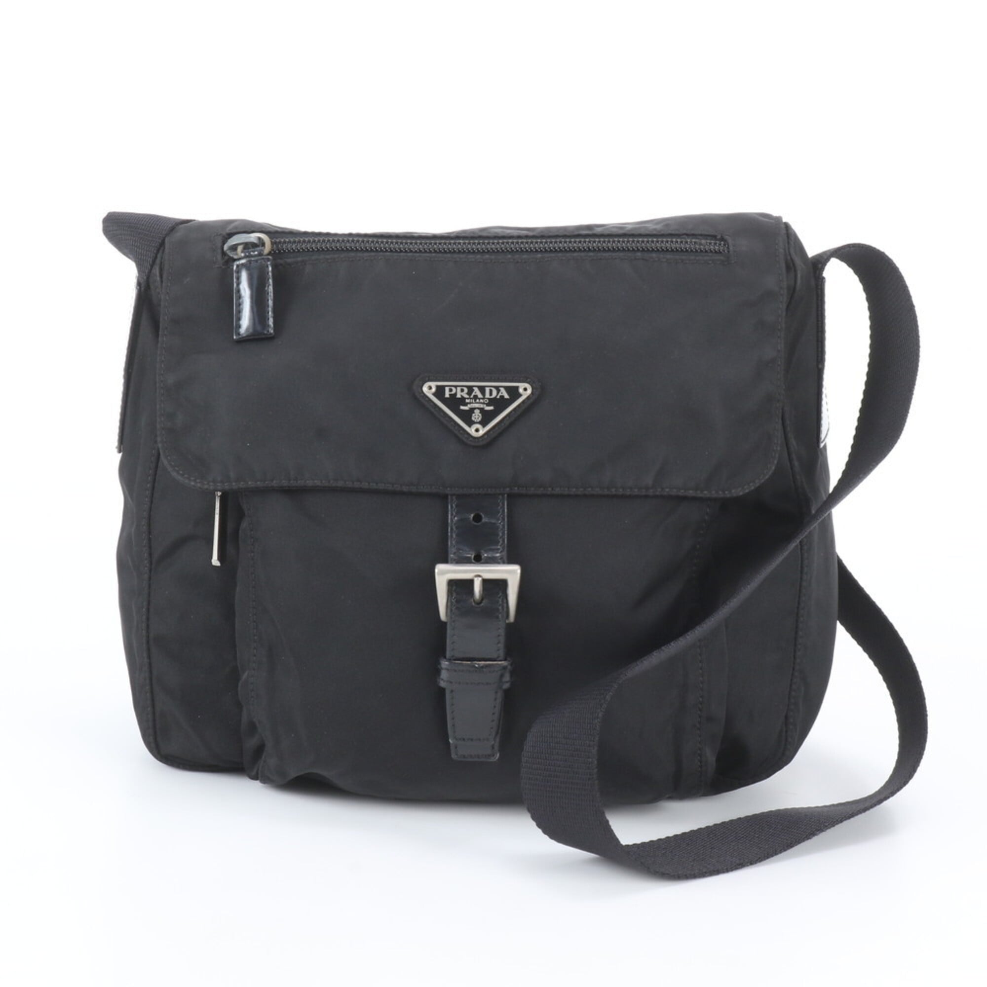 Prada Black Leather Nylon Messenger Bag Shoulder Bag (Pre-Owned)