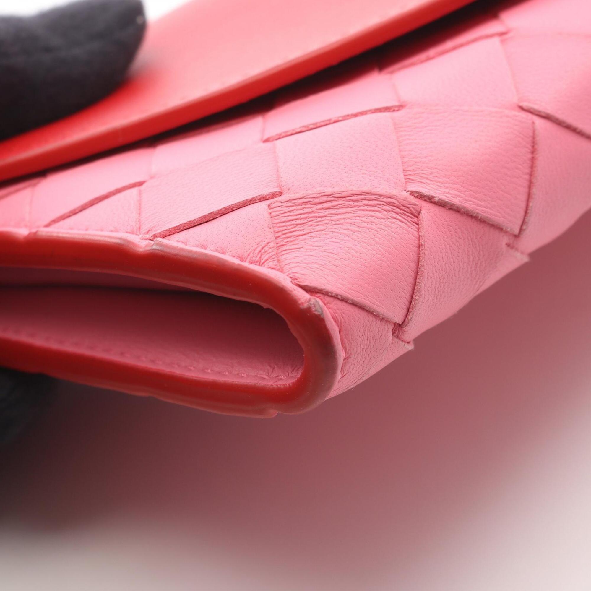 Bottega Veneta Intrecciato Pink Red Color Leather Long Wallet (Bi-Fold) (Pre-Owned)