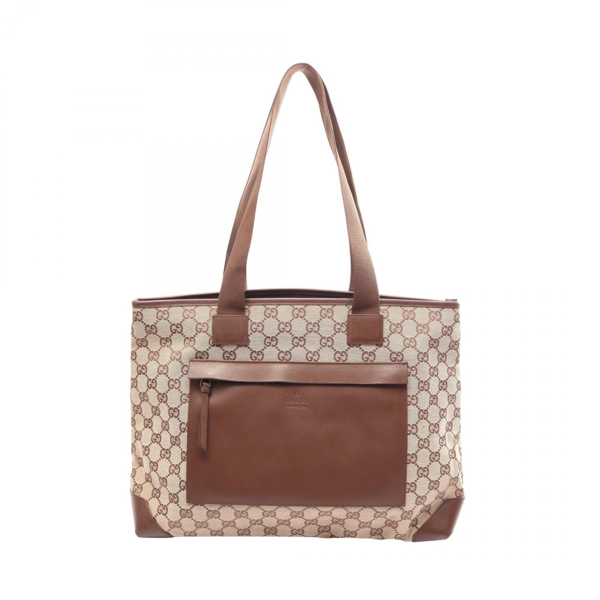Gucci Beige Brown Leather Canvas Handbag Tote Bag (Pre-Owned)