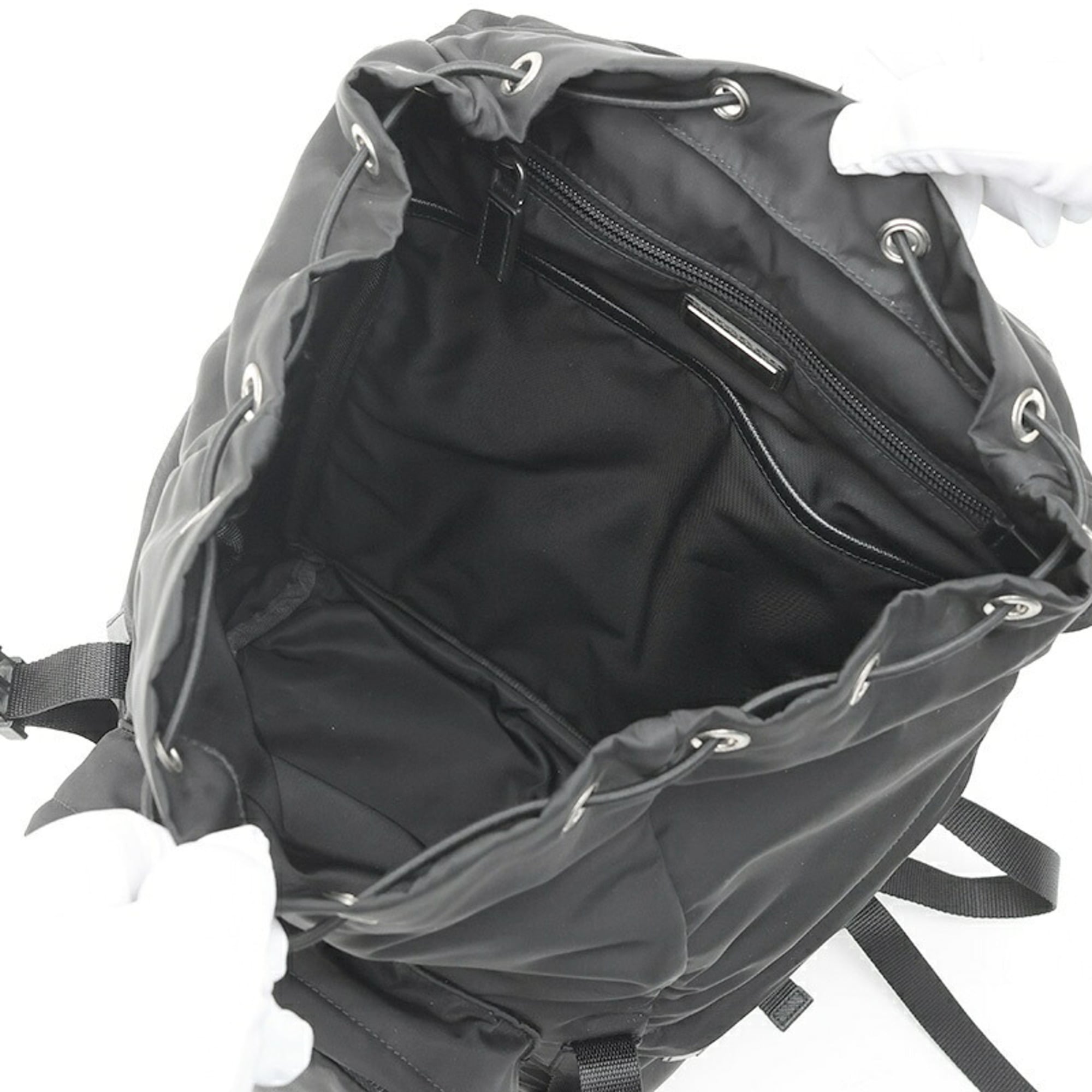 Prada Black Fabric Saffiano Triangle Leather Backpack (Pre-Owned)