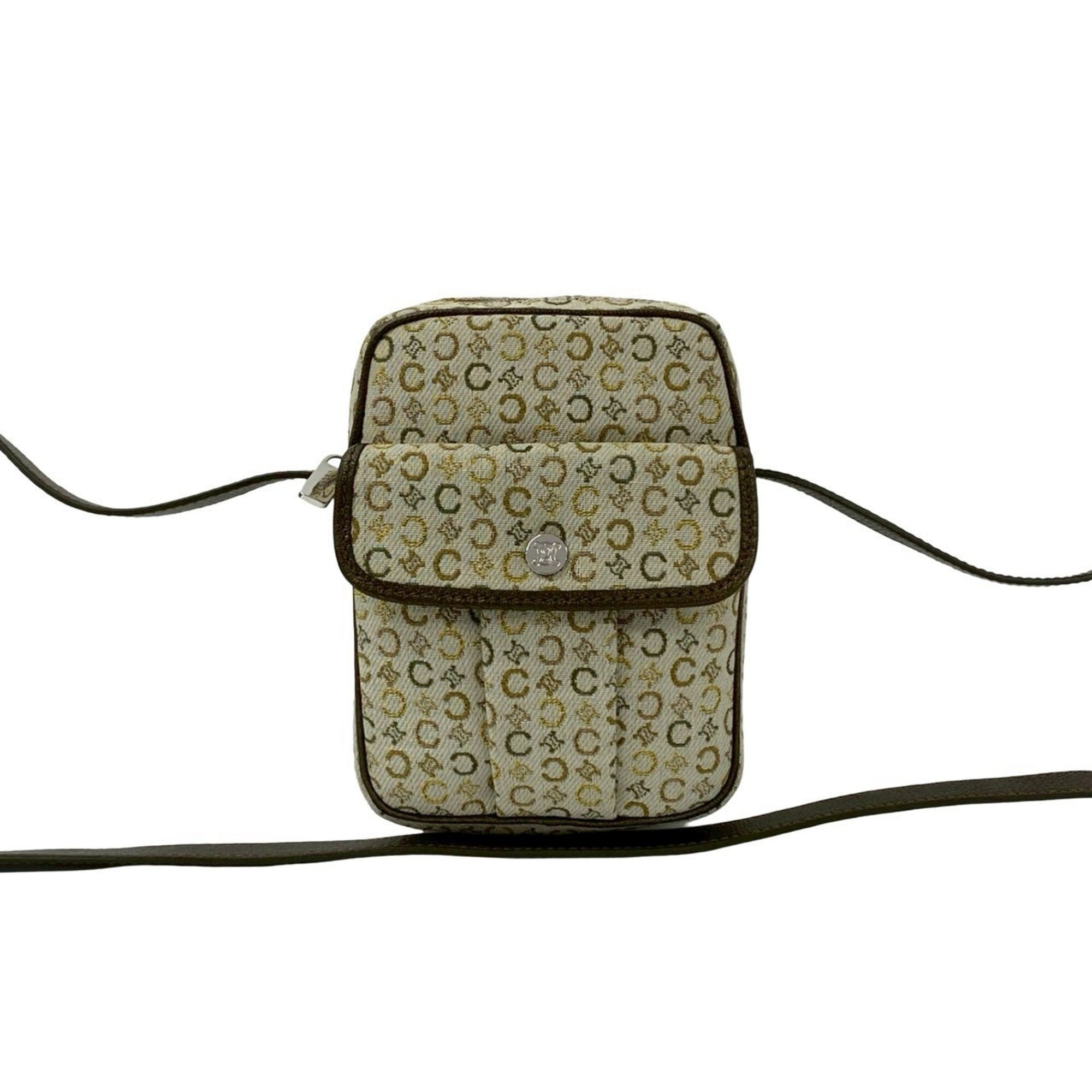 Celine Brown Gold Khaki White Yellow Canvas Leather Pochette Shoulder Bag (Pre-Owned)