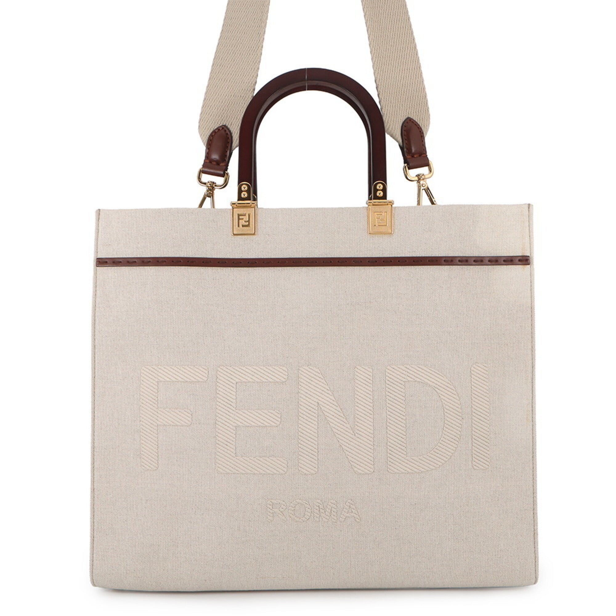 Fendi Brown Ivory Canvas Leather Handbag Shoulder Bag Tote Bag (Pre-Owned)