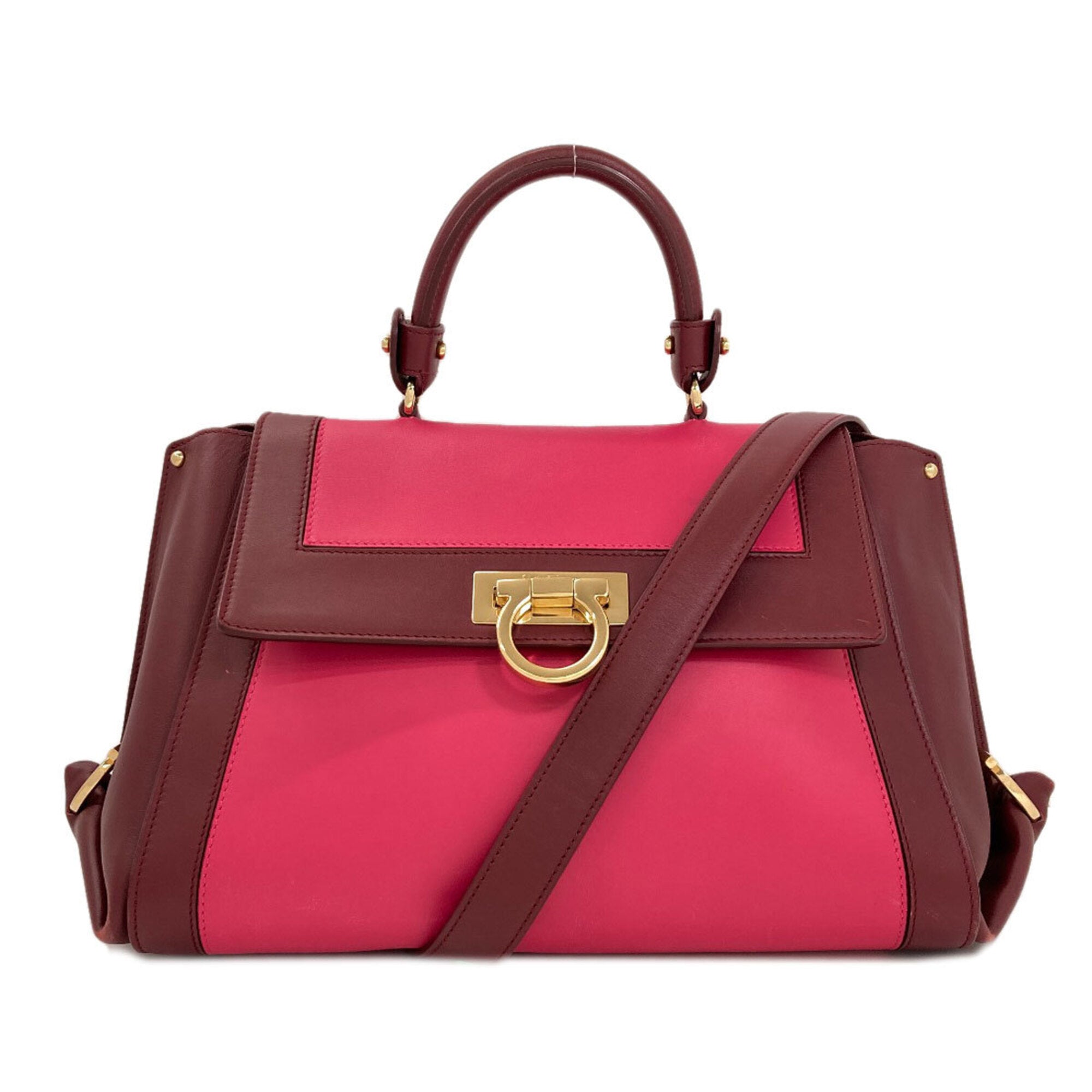Salvatore Ferragamo Gancini Bordeaux Pink Leather Handbag (Pre-Owned)