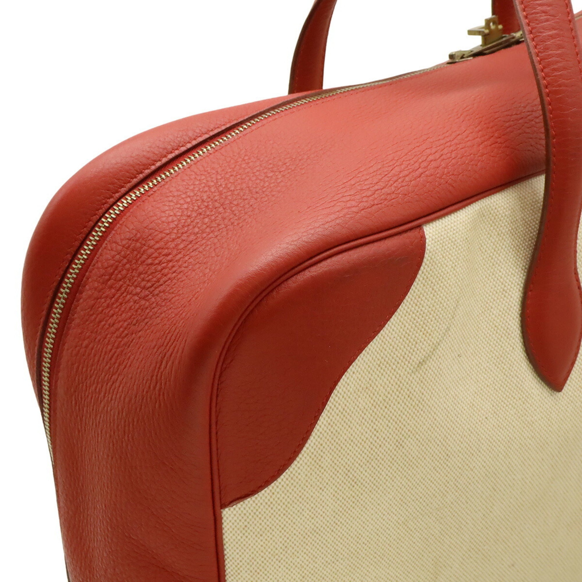 Hermes Natural Red Color Toile H Taurillon Clemence Leather Boston Bag (Pre-Owned)