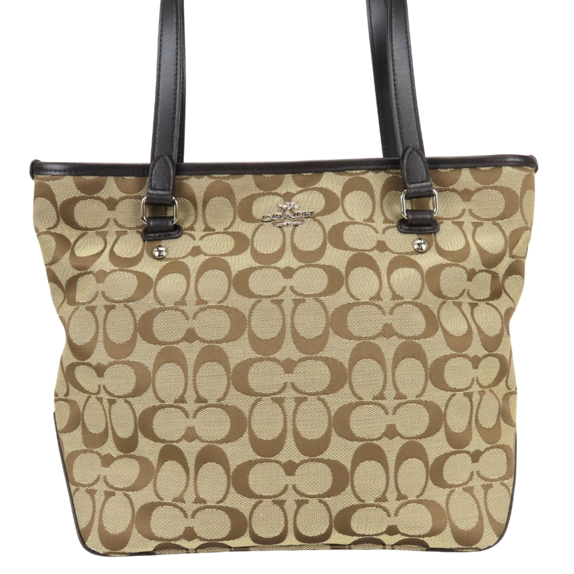 Coach Signature Beige Dark Brown Canvas Leather Tote Bag (Pre-Owned)