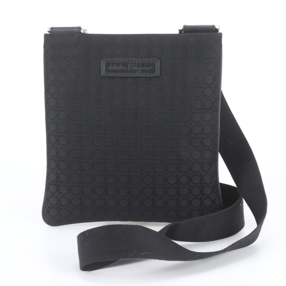 Salvatore Ferragamo Black Leather Canvas Messenger Bag Shoulder Bag (Pre-Owned)