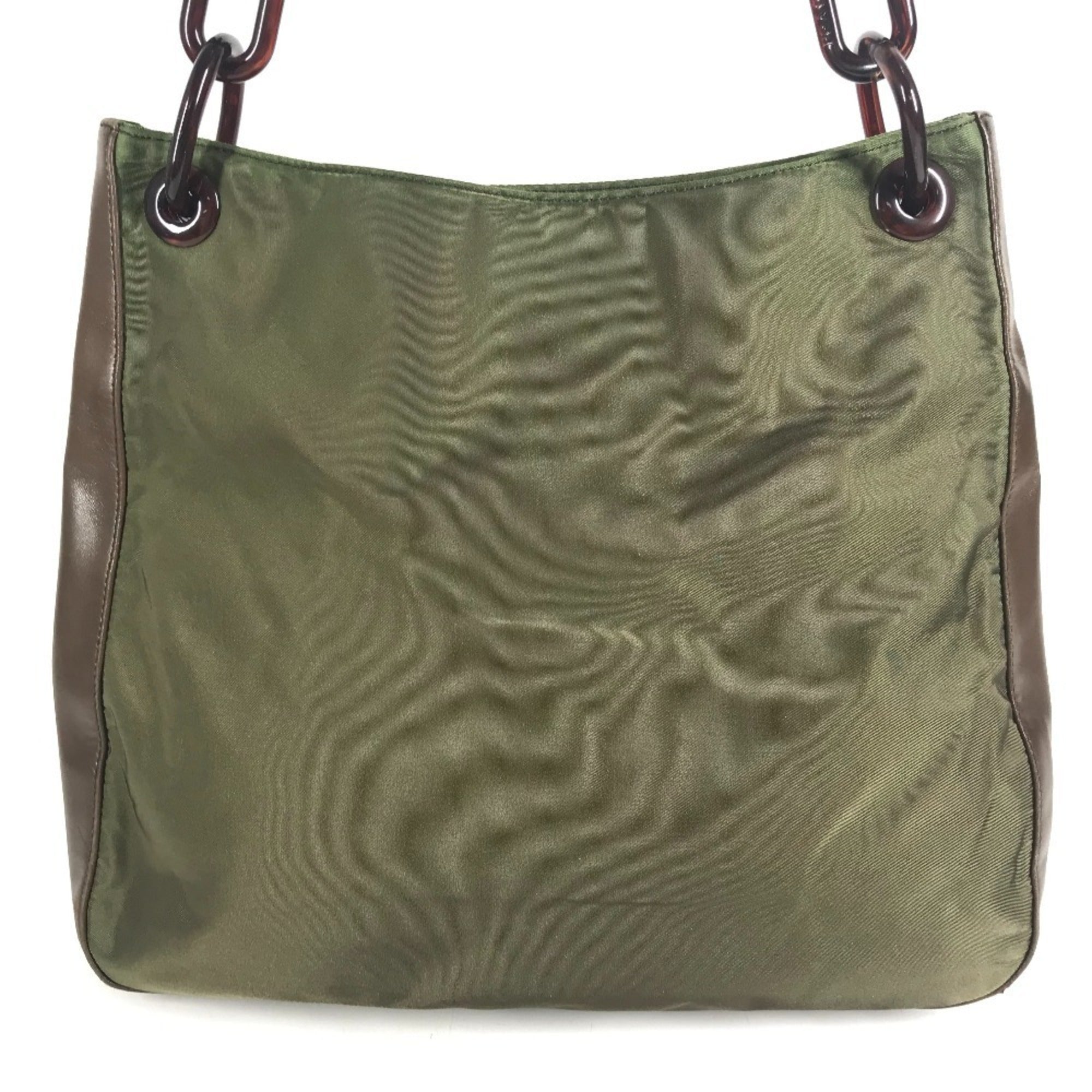 Prada Brown Khaki Leather Nylon Shoulder Bag Tote Bag (Pre-Owned)