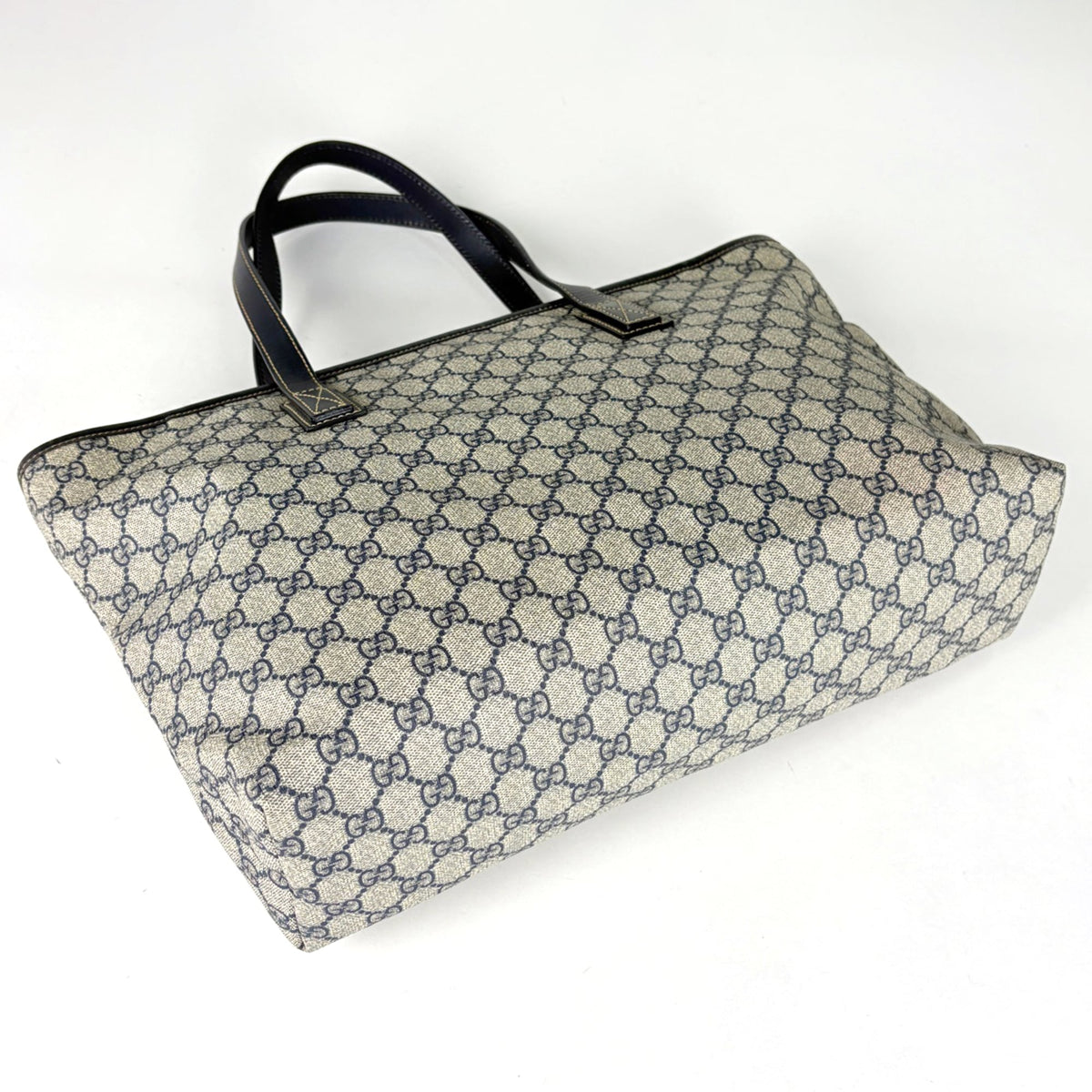 Gucci Beige Navy Coated Canvas Leather Tote Bag (Pre-Owned)