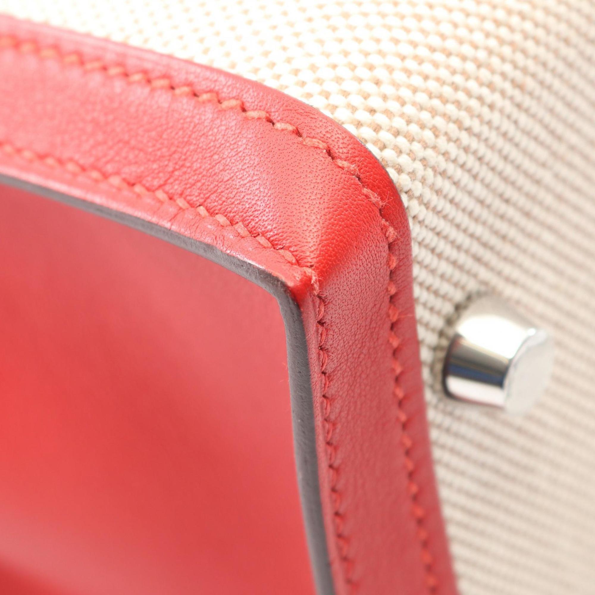 Hermes Beige Ecru Red Color Canvas Toile H Leather Swift Leather Handbag (Pre-Owned)