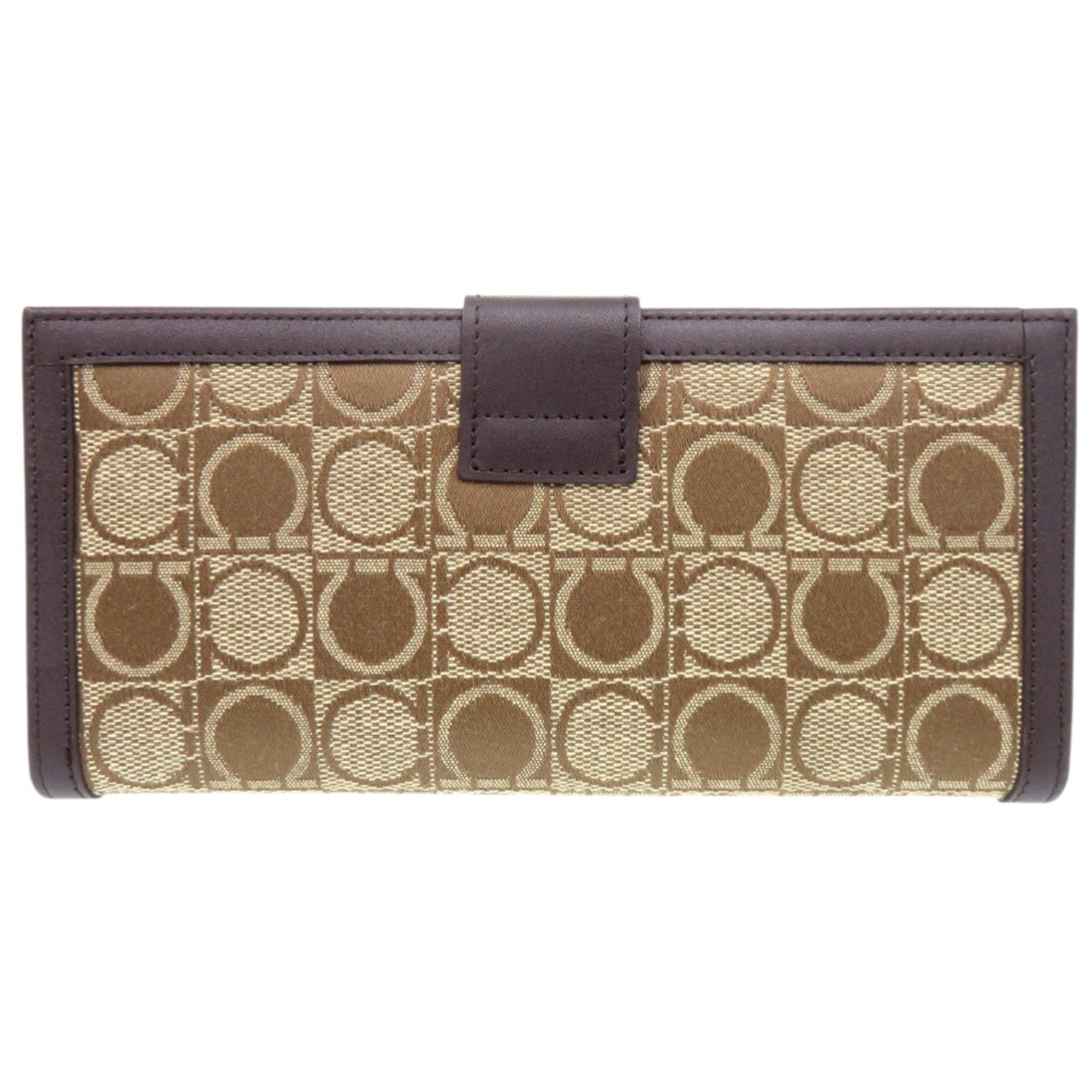 Salvatore Ferragamo Beige Brown Jacquard Leather Long Wallet (Tri-Fold) (Pre-Owned)