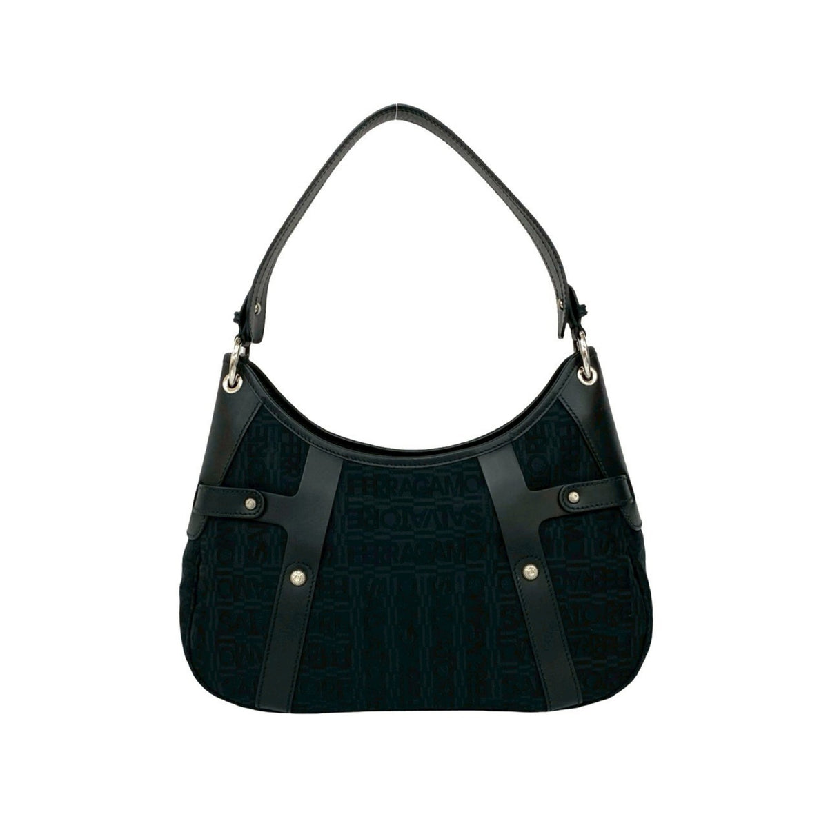 Salvatore Ferragamo Black Leather Canvas Shoulder Bag (Pre-Owned)