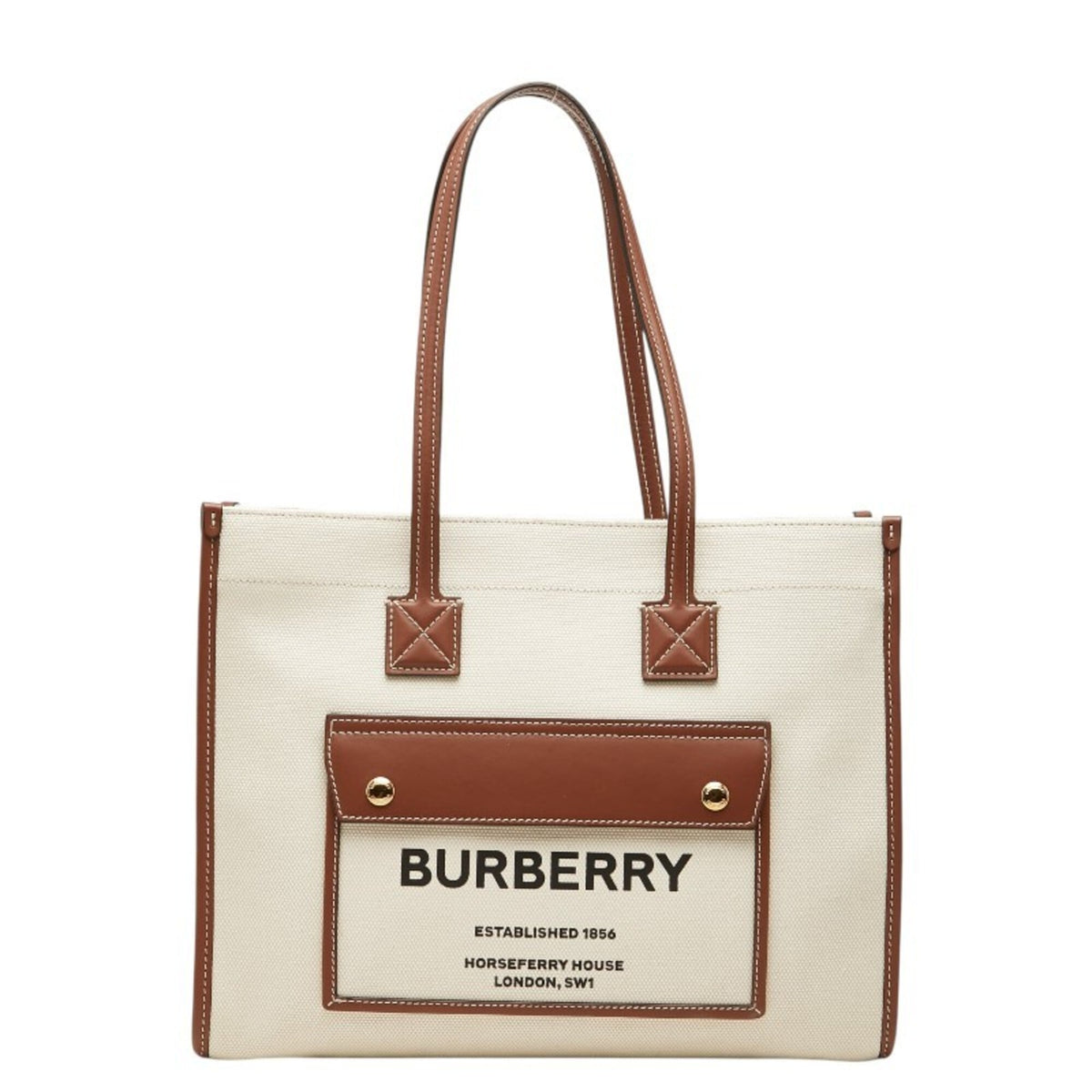 Burberry Brown Ivory Canvas Leather Shoulder Bag Tote Bag (Pre-Owned)