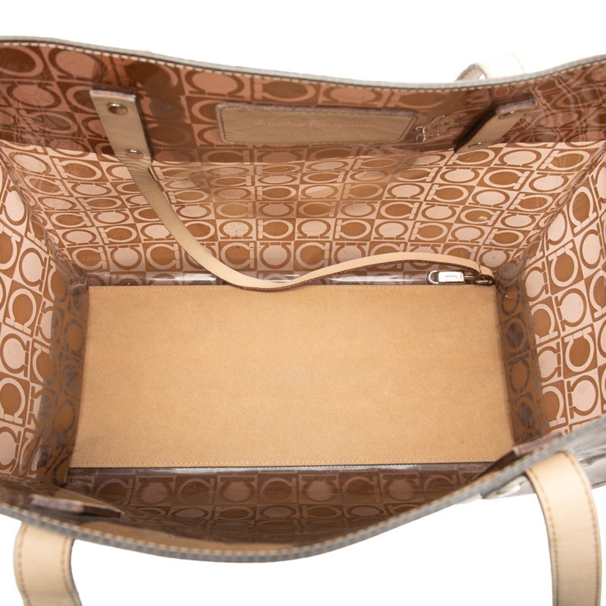 Salvatore Ferragamo Beige Brown Vinyl Leather Shoulder Bag Tote Bag (Pre-Owned)