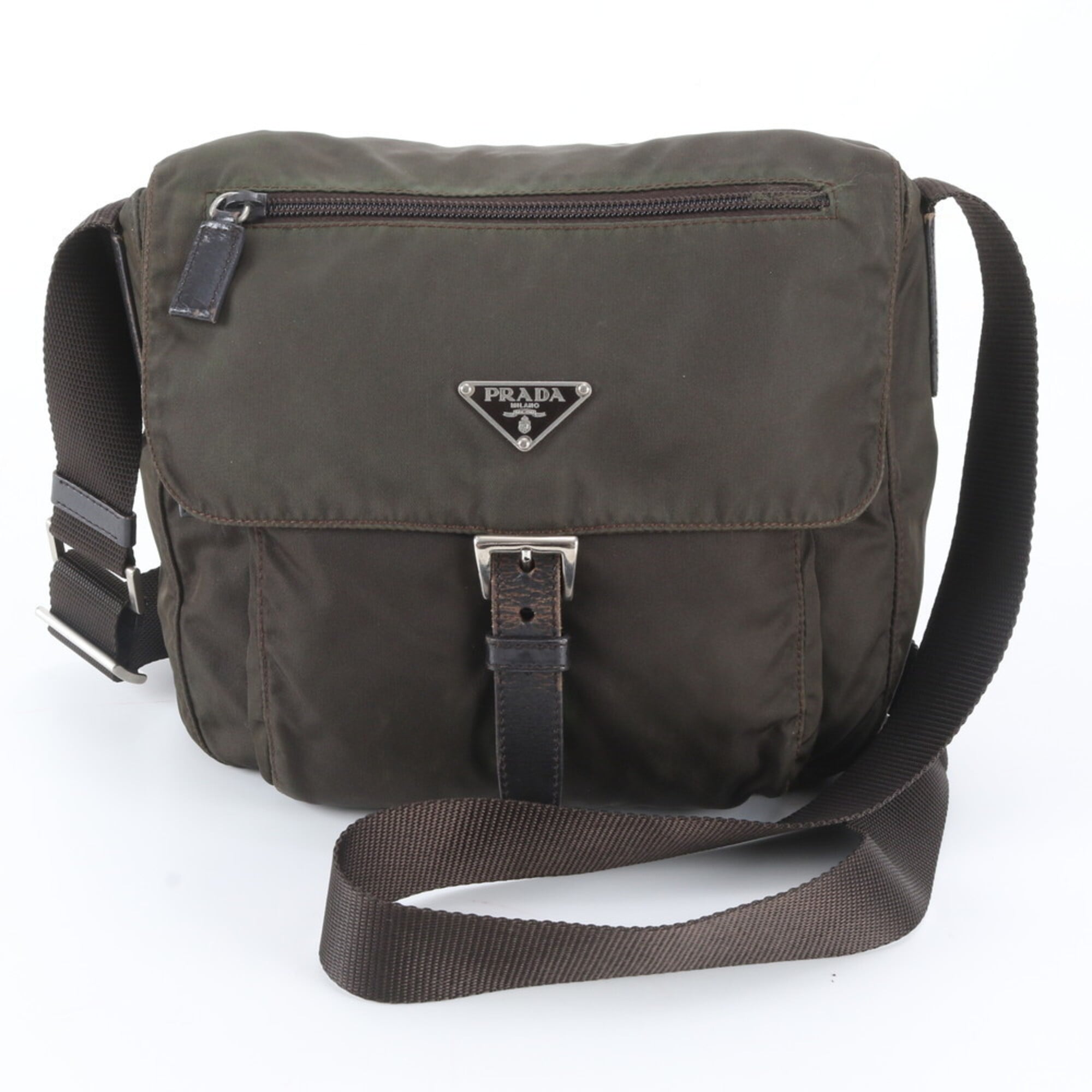 Prada Brown Green Khaki Nylon Leather Messenger Bag Shoulder Bag (Pre-Owned)
