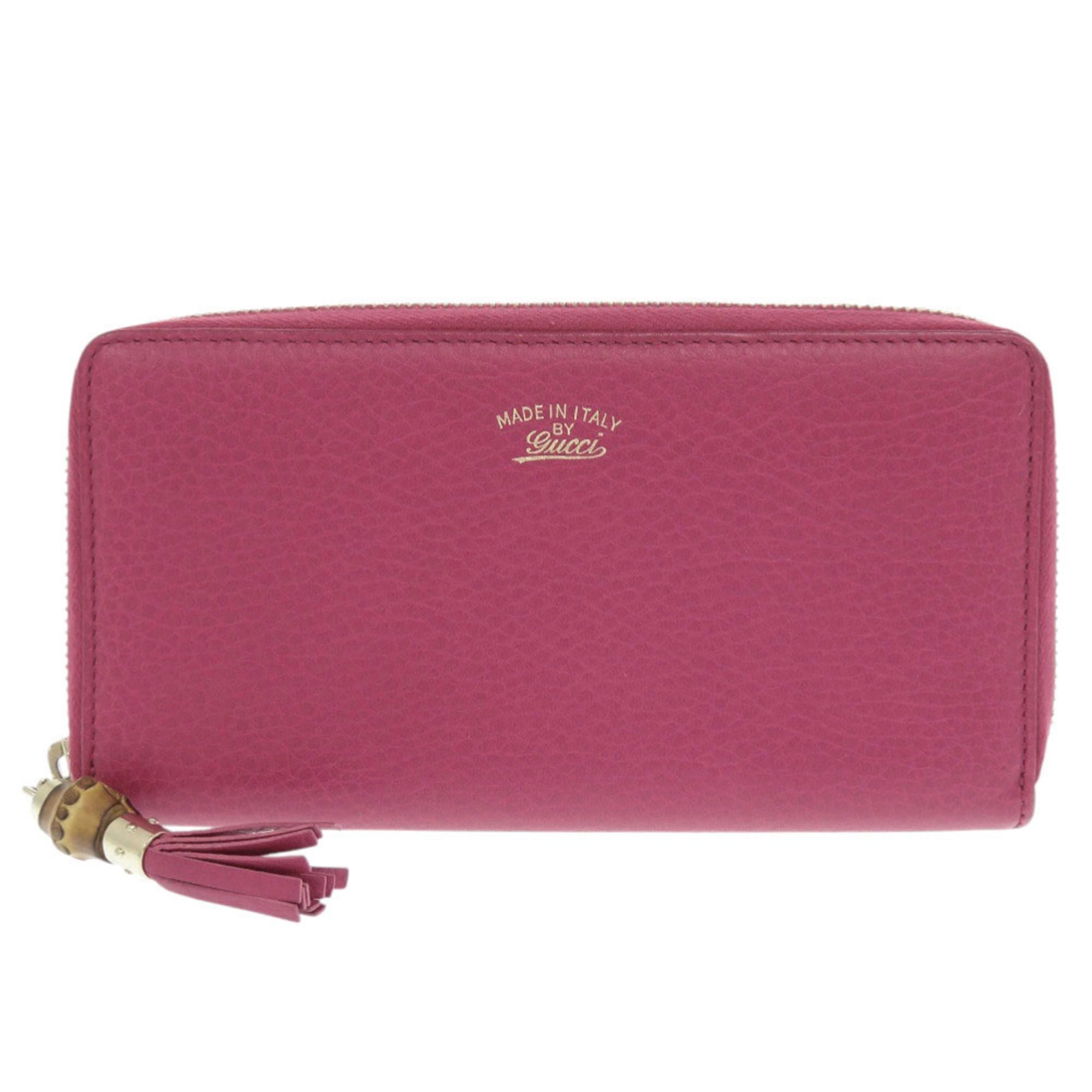 Gucci Bamboo Pink Bamboo Leather Long Wallet (Bi-Fold) (Pre-Owned)