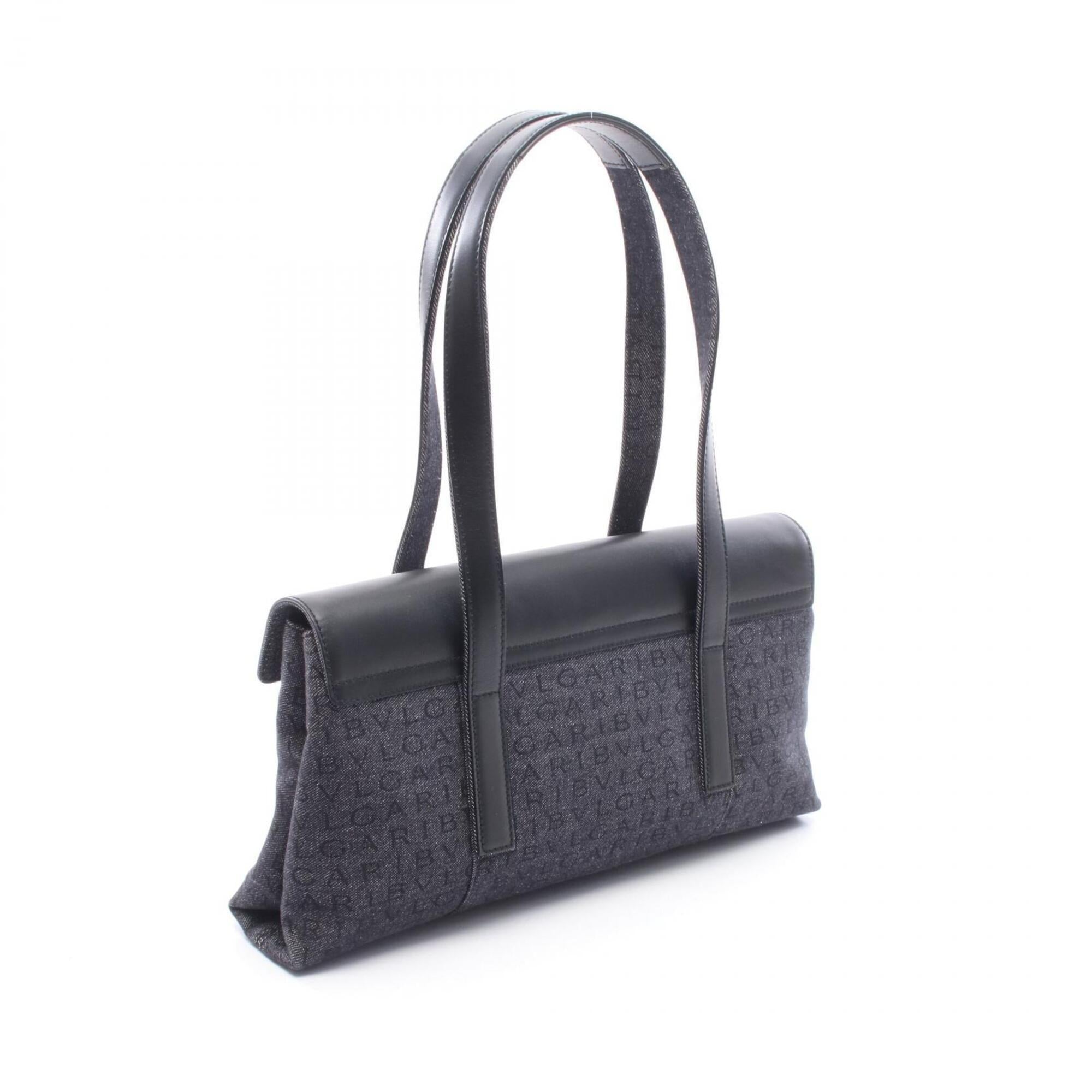 Bvlgari Black Navy Denim Leather Handbag Shoulder Bag (Pre-Owned)