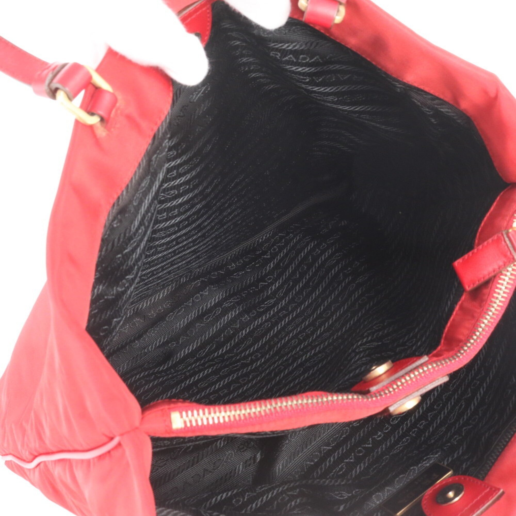 Prada Red Color Nylon Leather Handbag Shoulder Bag Tote Bag (Pre-Owned)
