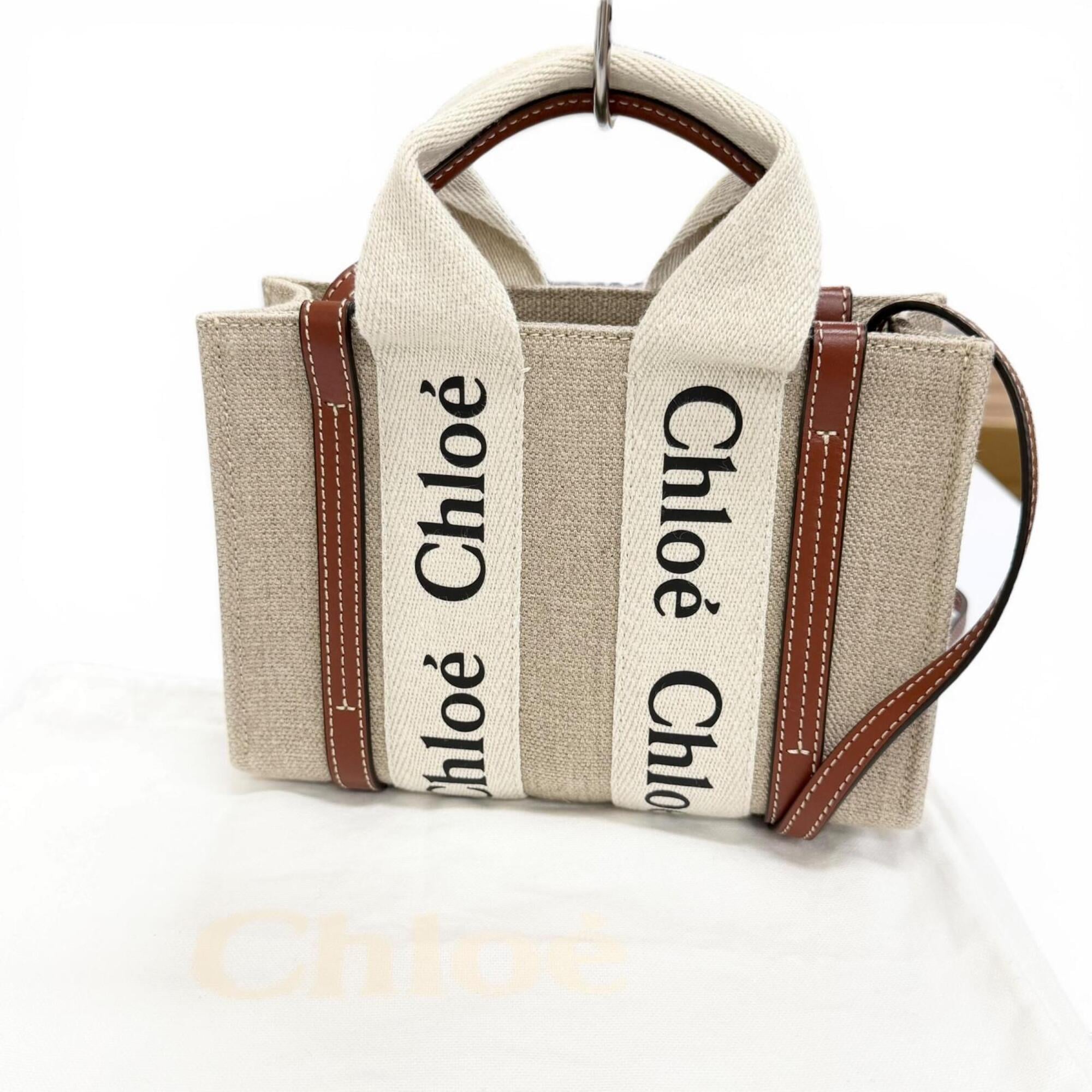 Chloé Beige Brown Linen Leather Shoulder Bag Tote Bag (Pre-Owned)