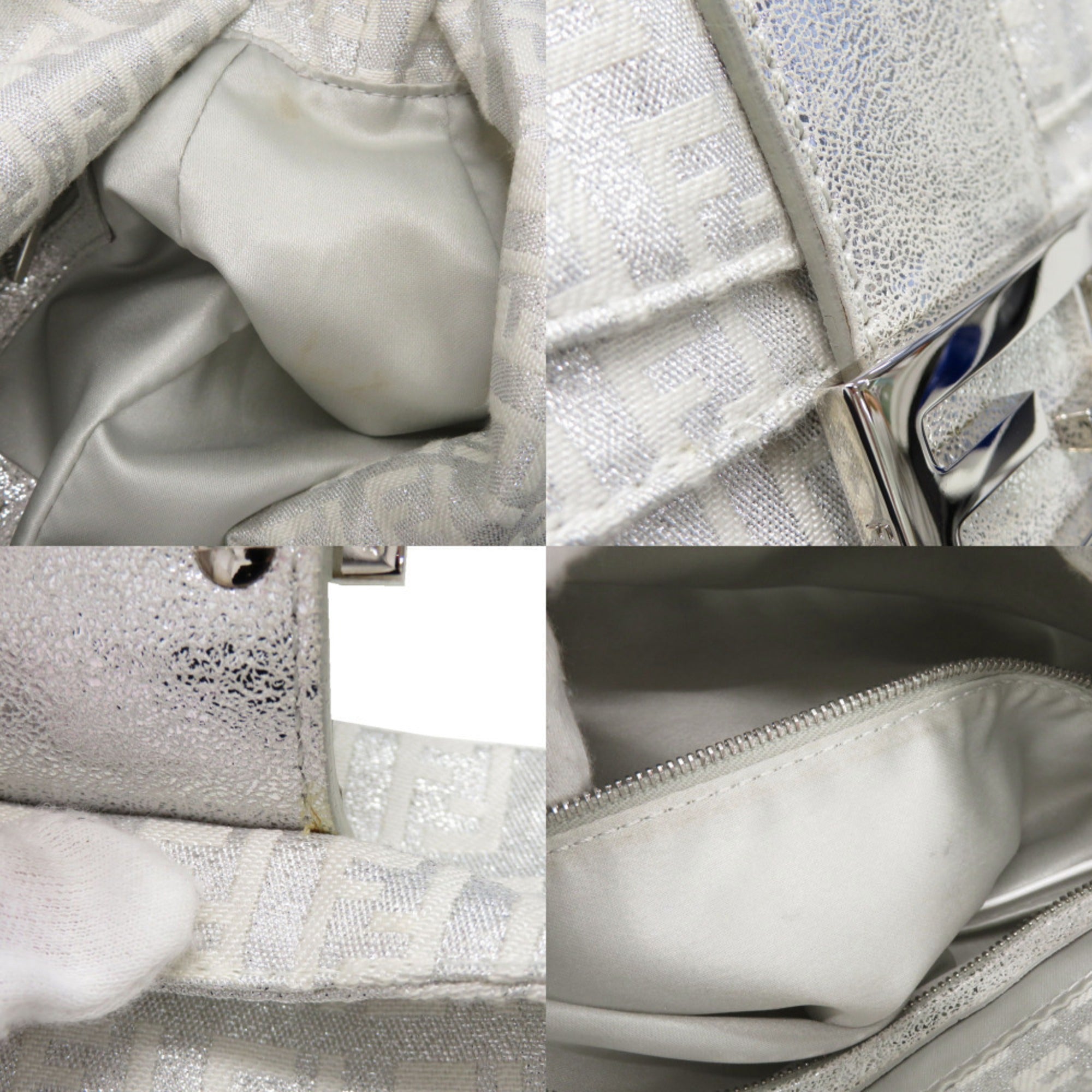 Fendi Silver Canvas Leather Handbag Shoulder Bag (Pre-Owned)