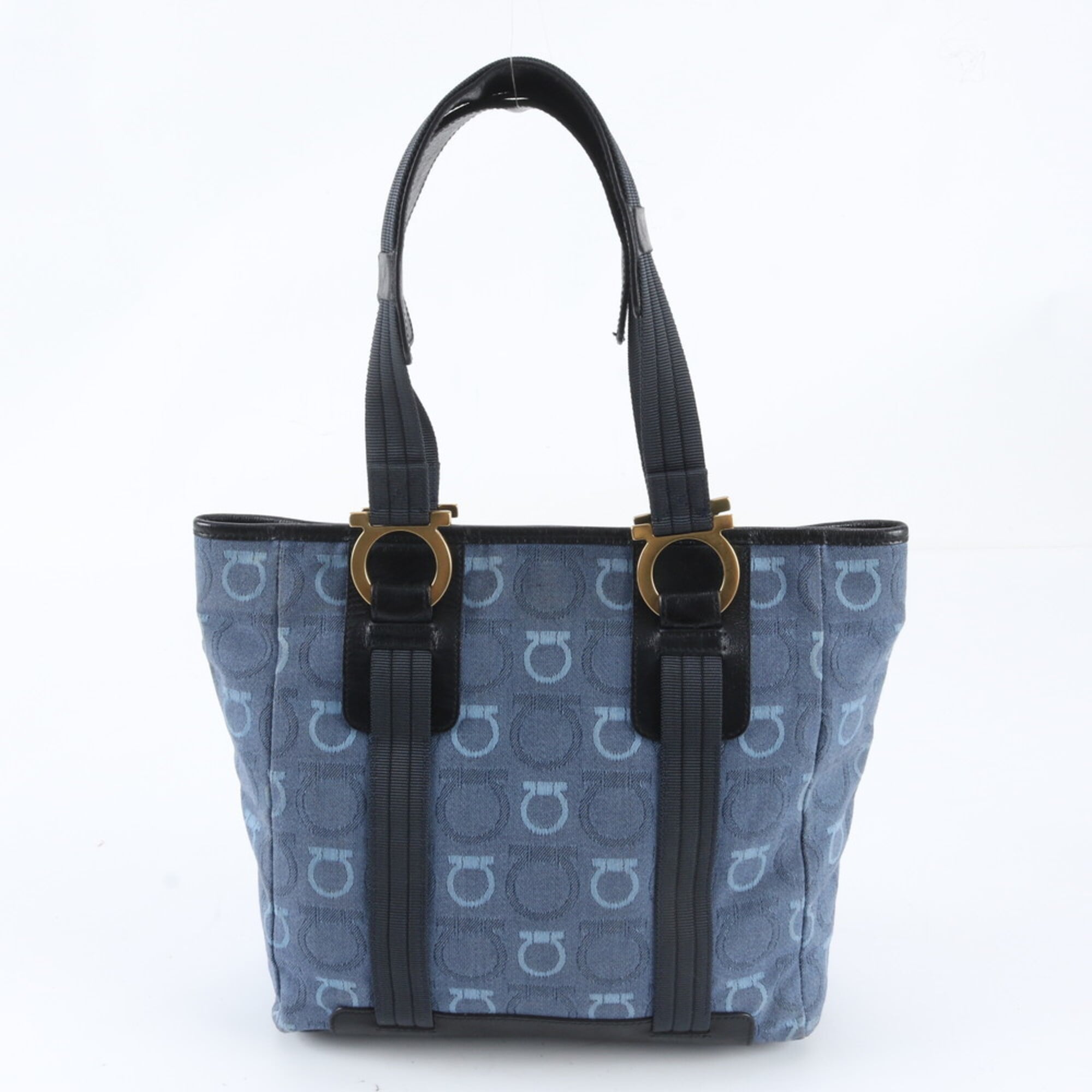 Salvatore Ferragamo Gancini Blue Navy Canvas Leather Handbag Tote Bag (Pre-Owned)