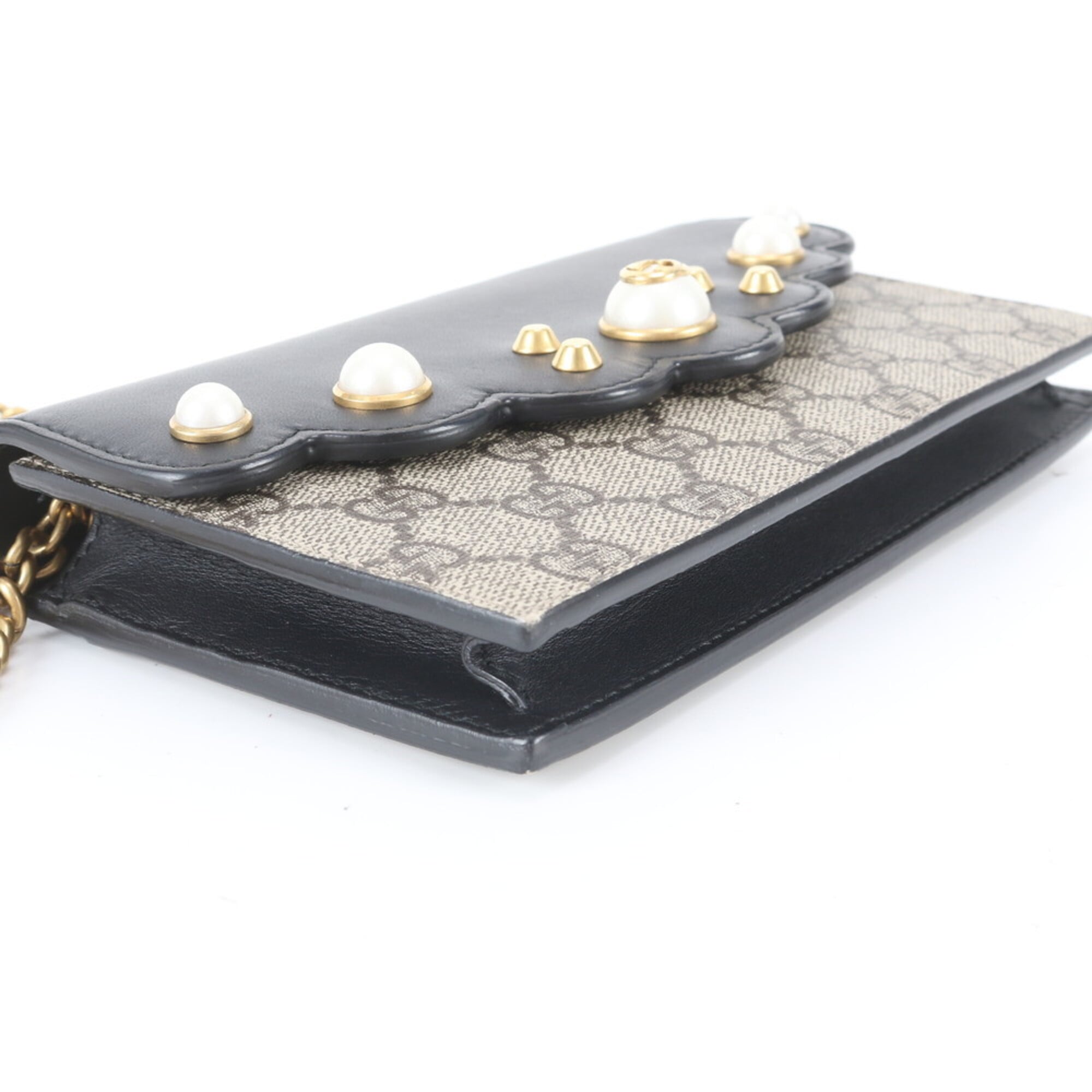 Gucci Beige Black Leather Coated Canvas Chain/Shoulder Wallet (Pre-Owned)