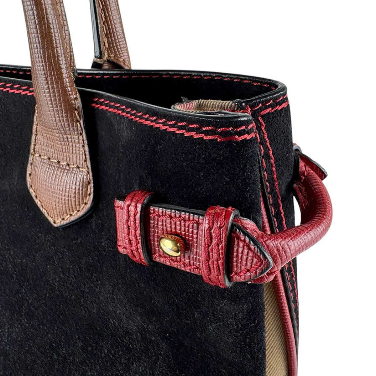 Burberry Black Brown Red Color Suede Leather Handbag Shoulder Bag (Pre-Owned)