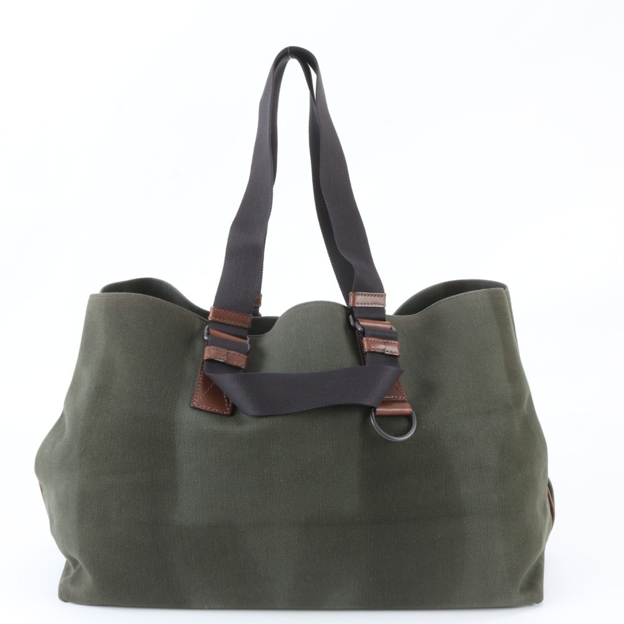 Bottega Veneta Green Leather Canvas Shoulder Bag Tote Bag (Pre-Owned)