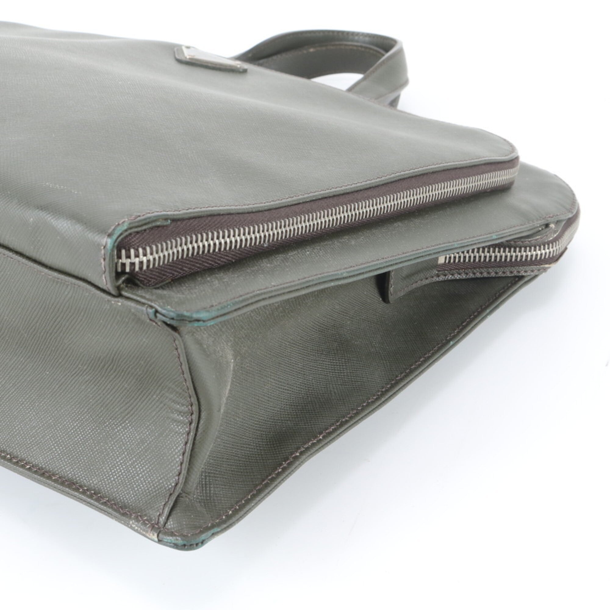 Prada Saffiano Khaki Leather Briefcase Handbag (Pre-Owned)