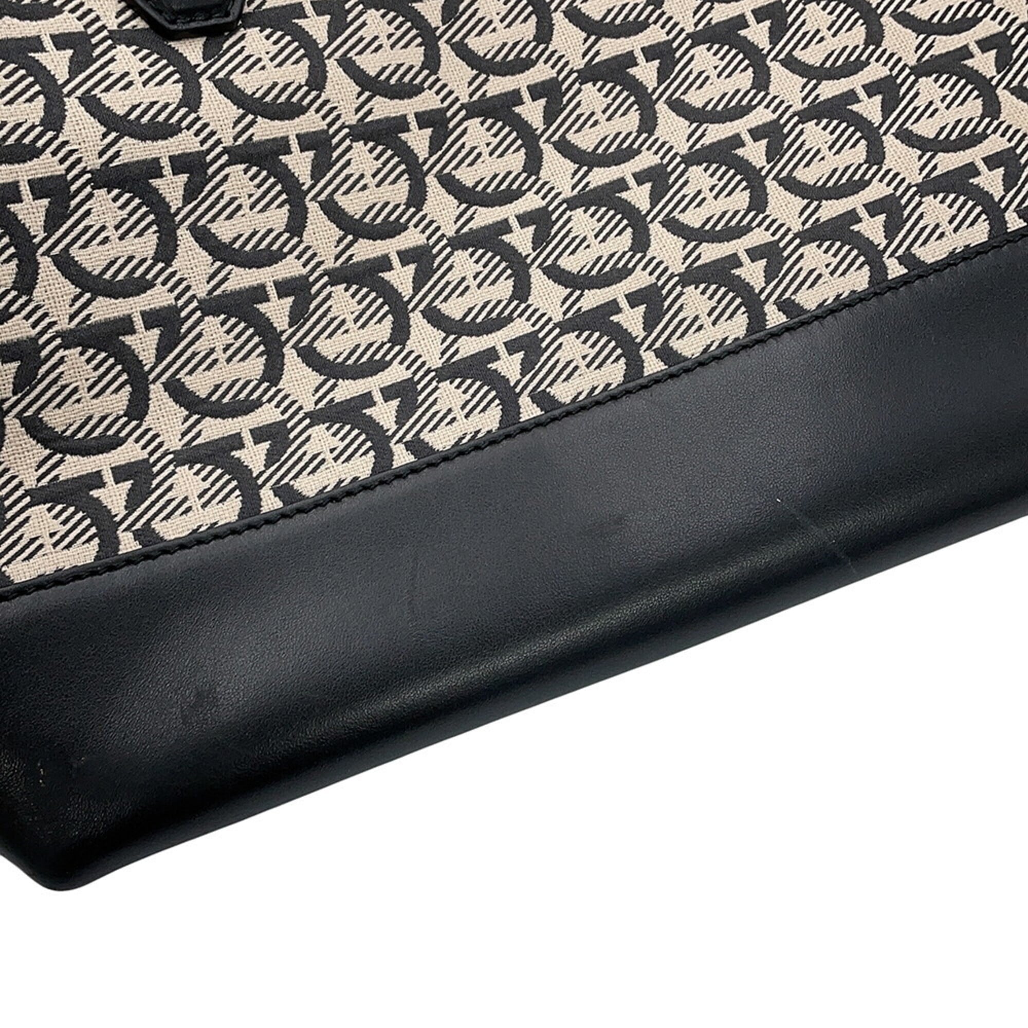Salvatore Ferragamo Beige Black Canvas Leather Handbag Pouch Tote Bag (Pre-Owned)