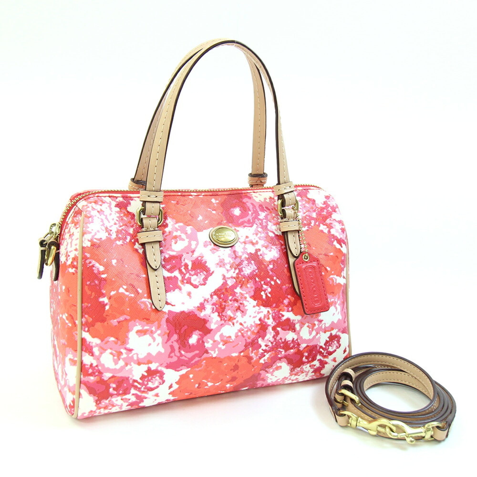 Coach Beige Red Color White Leather Pvc Handbag Shoulder Bag (Pre-Owned)