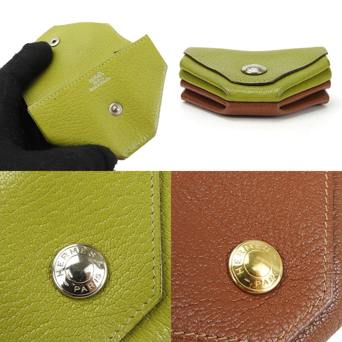 Hermes Le 24 Brown Green Chevre Leather Coin Purse/Coin Case (Pre-Owned)