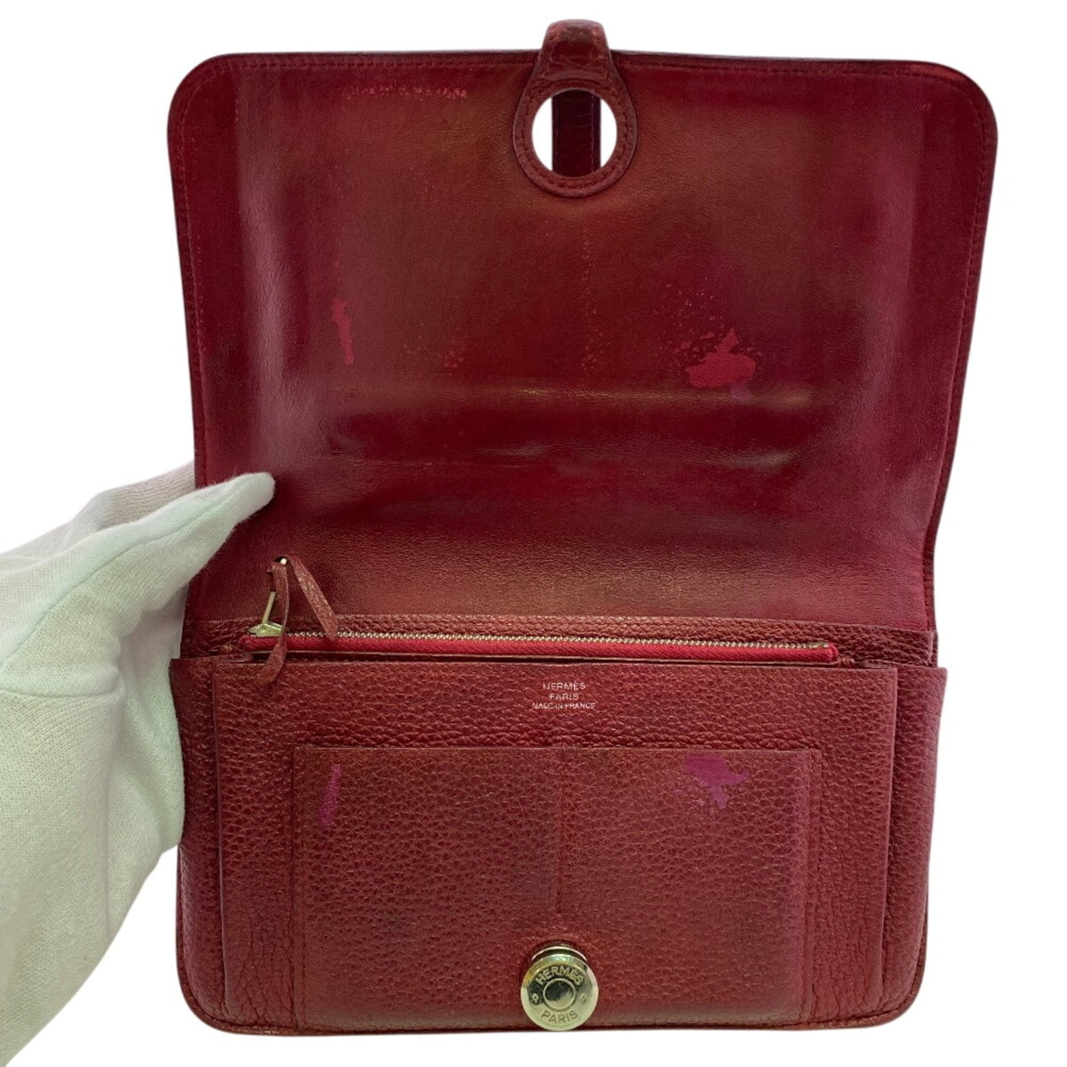 Hermes Red Color Taurillon Clemence Leather Long Wallet (Bi-Fold) (Pre-Owned)