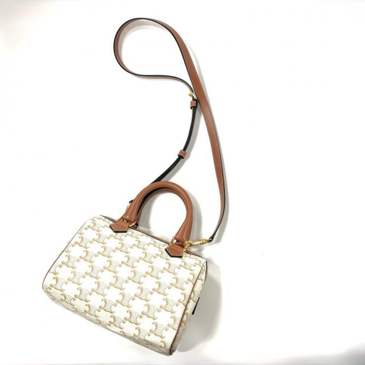 Celine Brown White Canvas Leather Handbag Shoulder Bag (Pre-Owned)